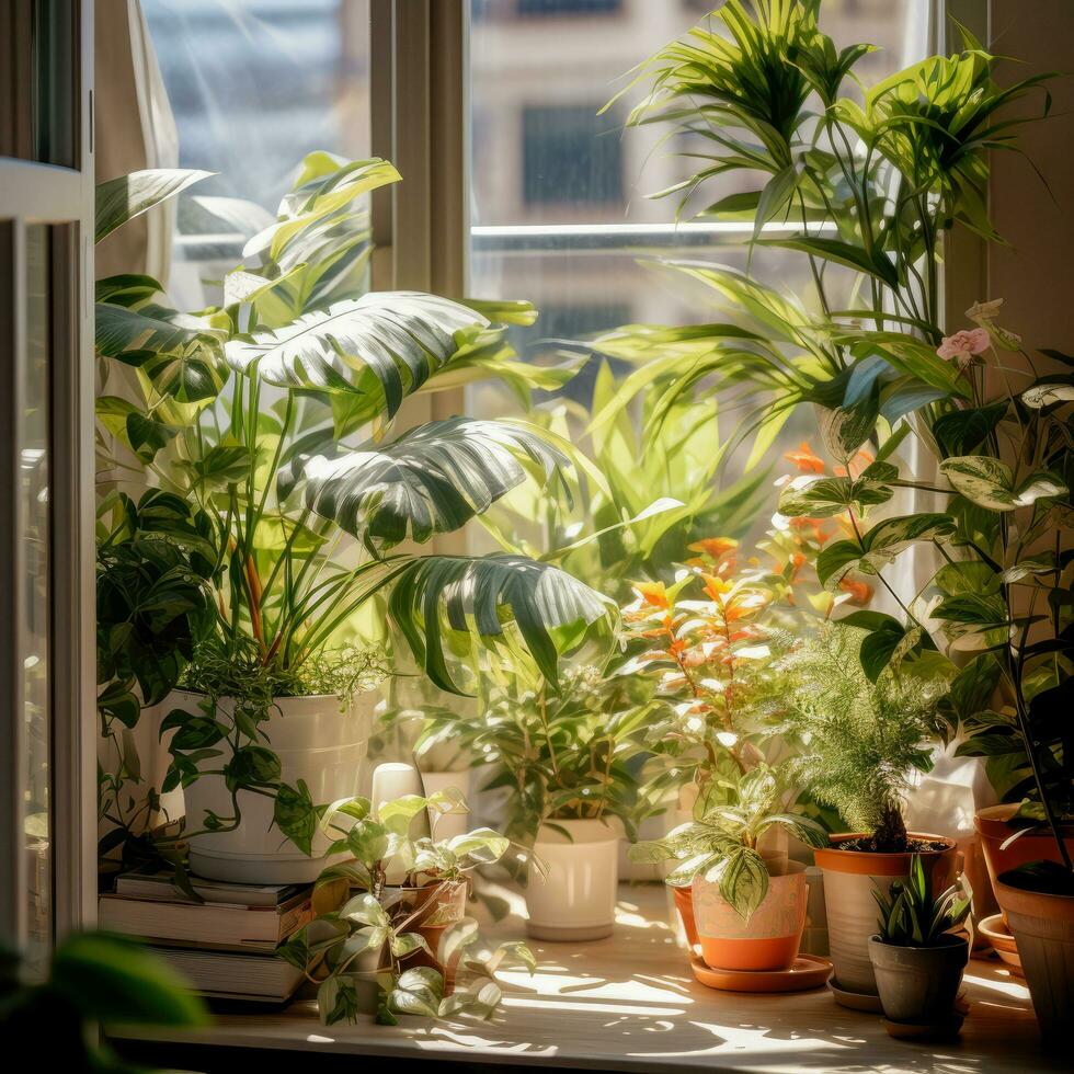 ai generiert Grün Innen- Pflanzen im braun Lehm Töpfe auf ein alt hölzern Fenster. Fikus, Monstera und Liane. Nahaufnahme, Kopieren Einfügen foto