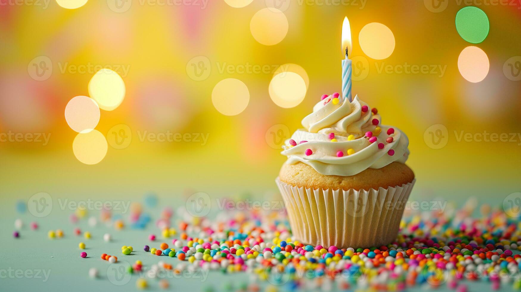 ai generiert Geburtstag Cupcake mit Kerze auf Gelb Pastell- Hintergrund foto