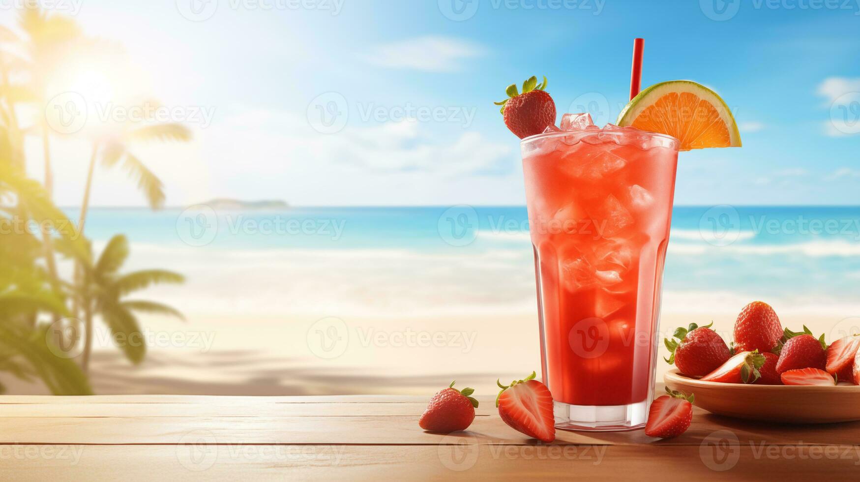 ai generiert Erdbeere Cocktail Illustration Strand Hintergrund mit Kopieren Raum zum Text foto