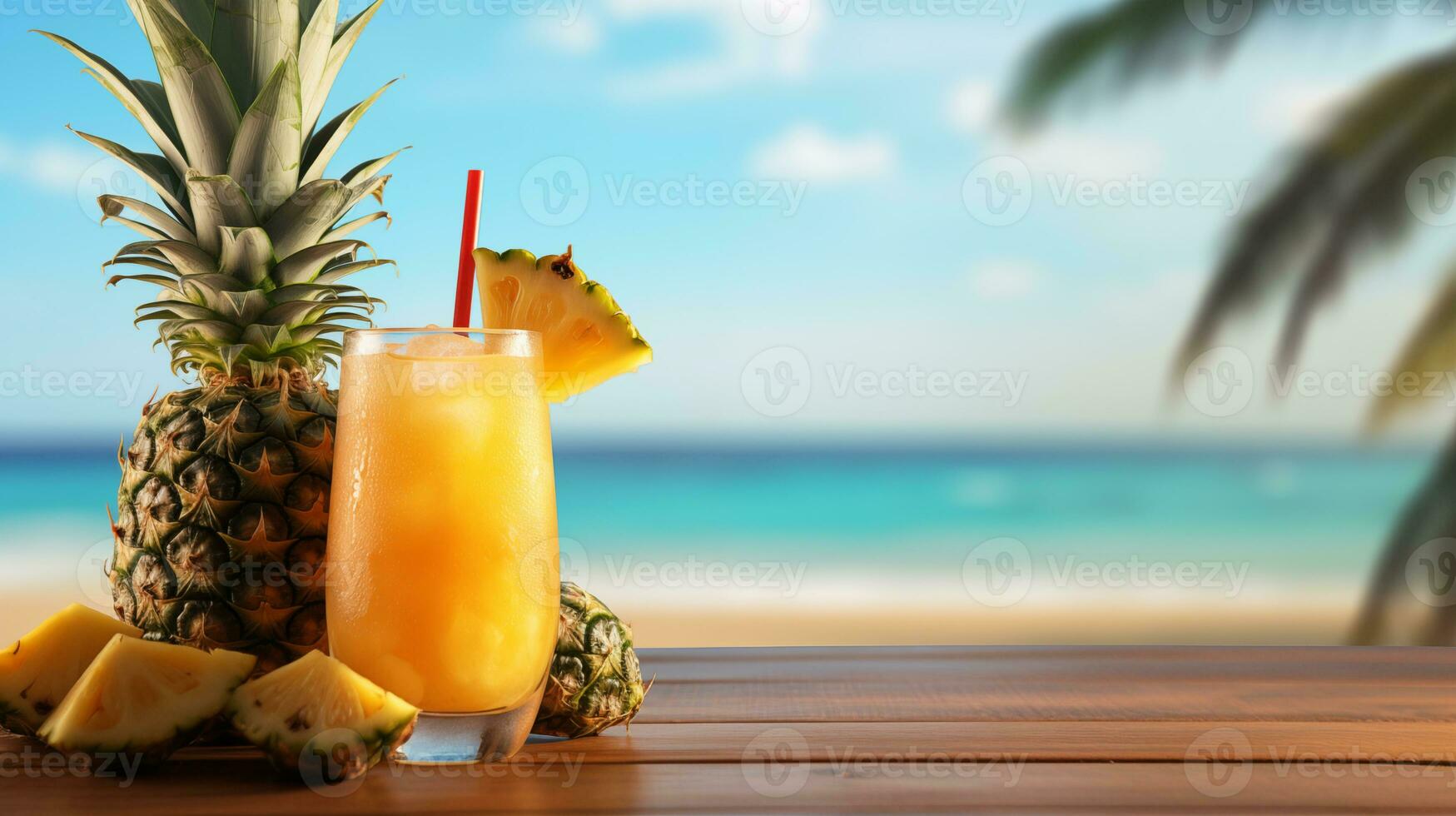 ai generiert tropisch Ananas Cocktail auf Strand mit Kopieren Raum foto