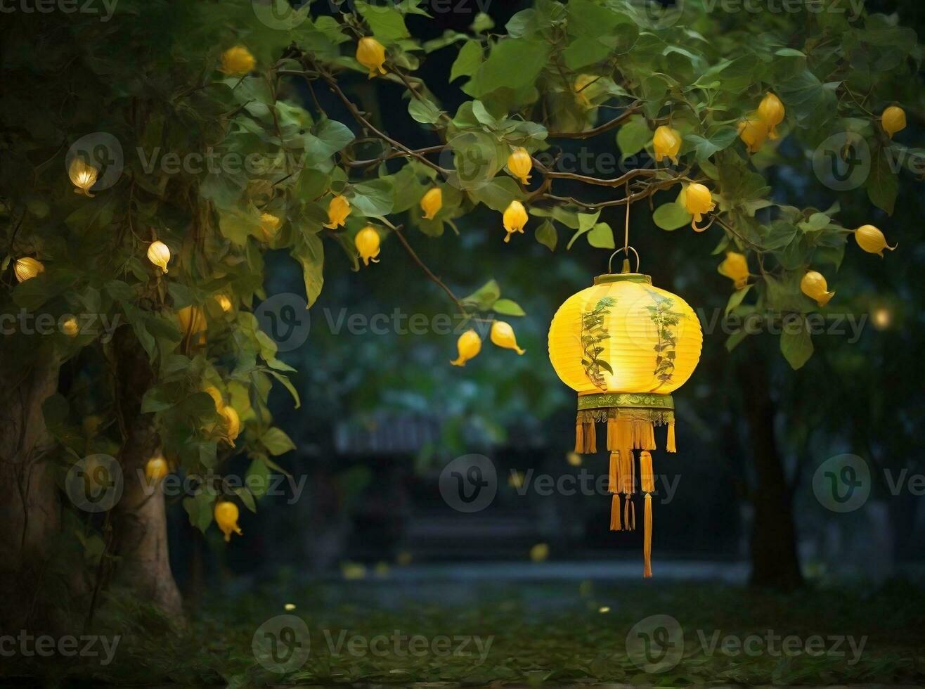ai generiert Gelb Chinesisch Landung Laternen auf das links Seite von Grün Blätter beim Nacht foto