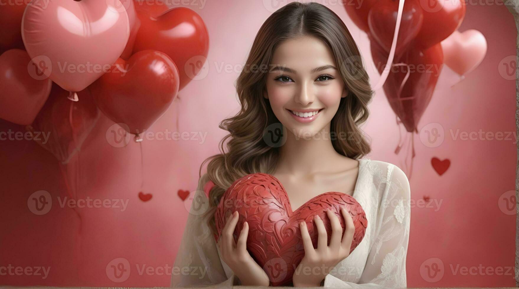 ai generiert Feier zum Valentinstag Tag mit schön jung Frau hält ein rot Herz im ihr Hände foto