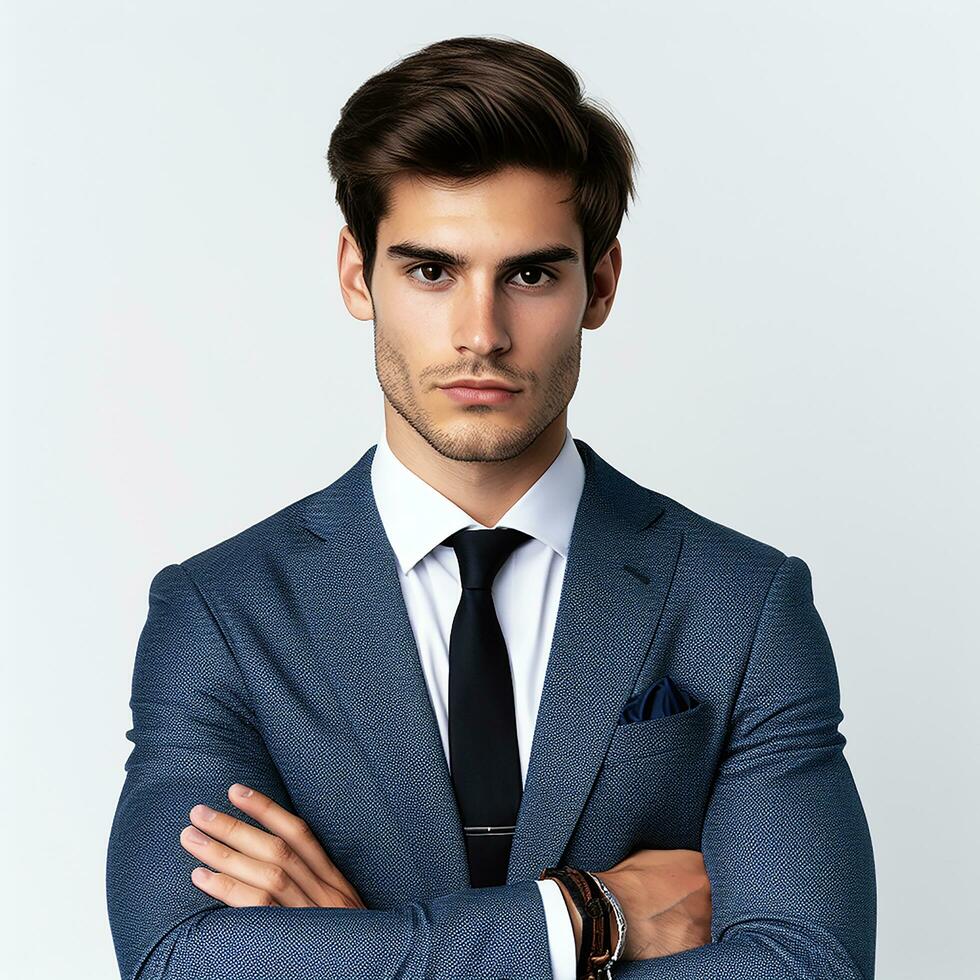 ai generiert ein Vorderseite und voll Aussicht von ein jung Spanisch Geschäftsmann tragen ein Blau passen und Weiß Hemd mit ein schwarz Krawatte suchen Gerade beim das Kamera mit gekreuzt Waffen auf ein Weiß Hintergrund foto