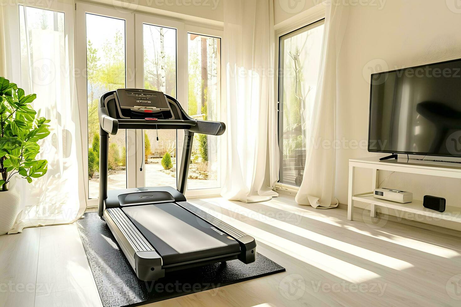 ai generiert Zuhause Fitnessstudio im ein sonnig Leben Zimmer foto