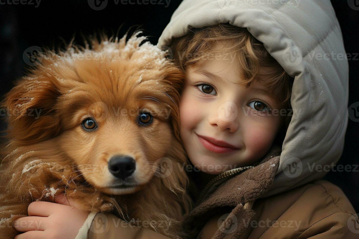 ai generiert ein klein Kind Umarmungen seine Haustier golden Retriever. Winter Aktivität Feiertage. generativ ai. foto