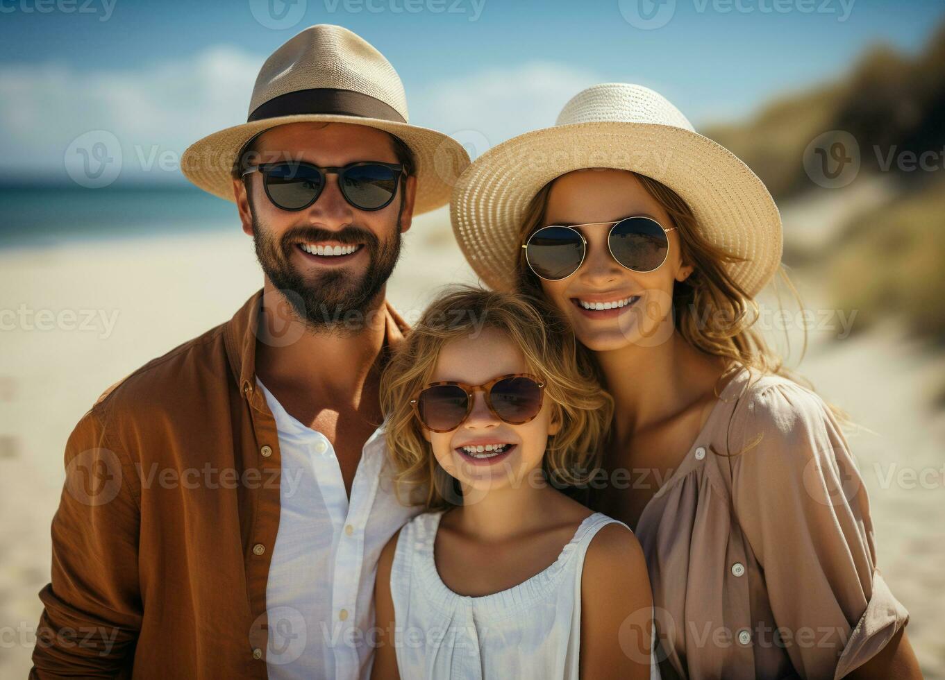 ai generiert schließen oben von ein jung Paar mit ihr Baby während auf ein Strand Urlaub. Familie Ferien Reise Konzept. generativ ai foto