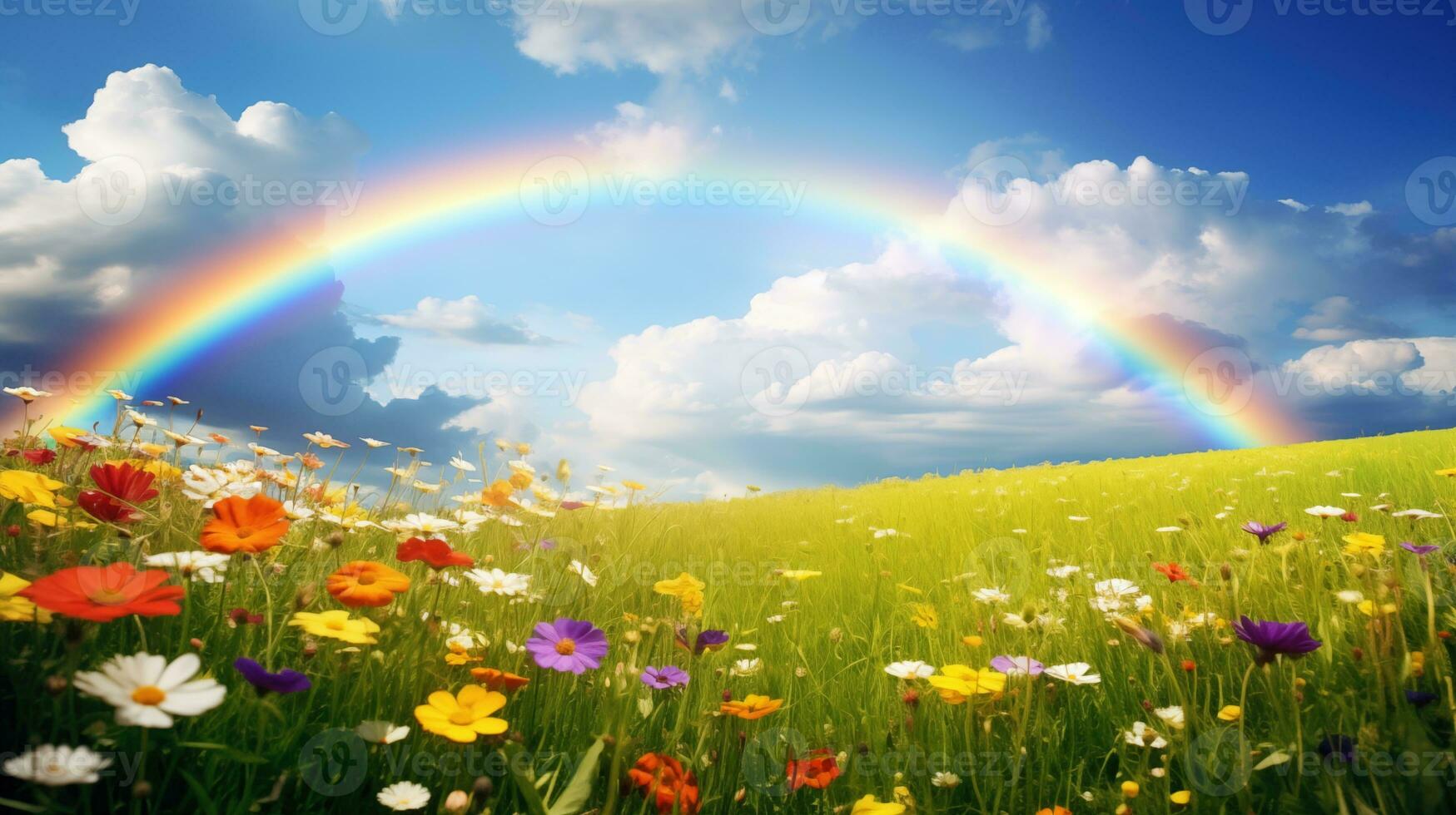 ai generiert ein friedlich Landschaft Wiese Feld mit Regenbogen im das Himmel foto
