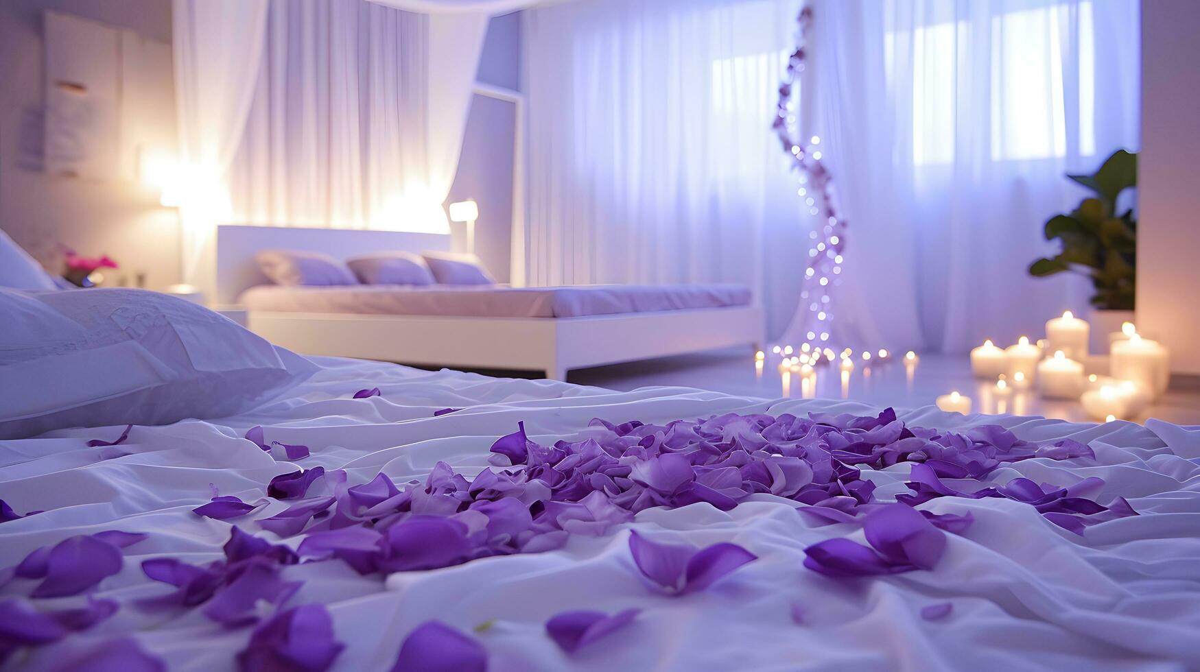 ai generiert Lavendel Traumlandschaft mit Sanft Kerzenlicht Gelassenheit foto
