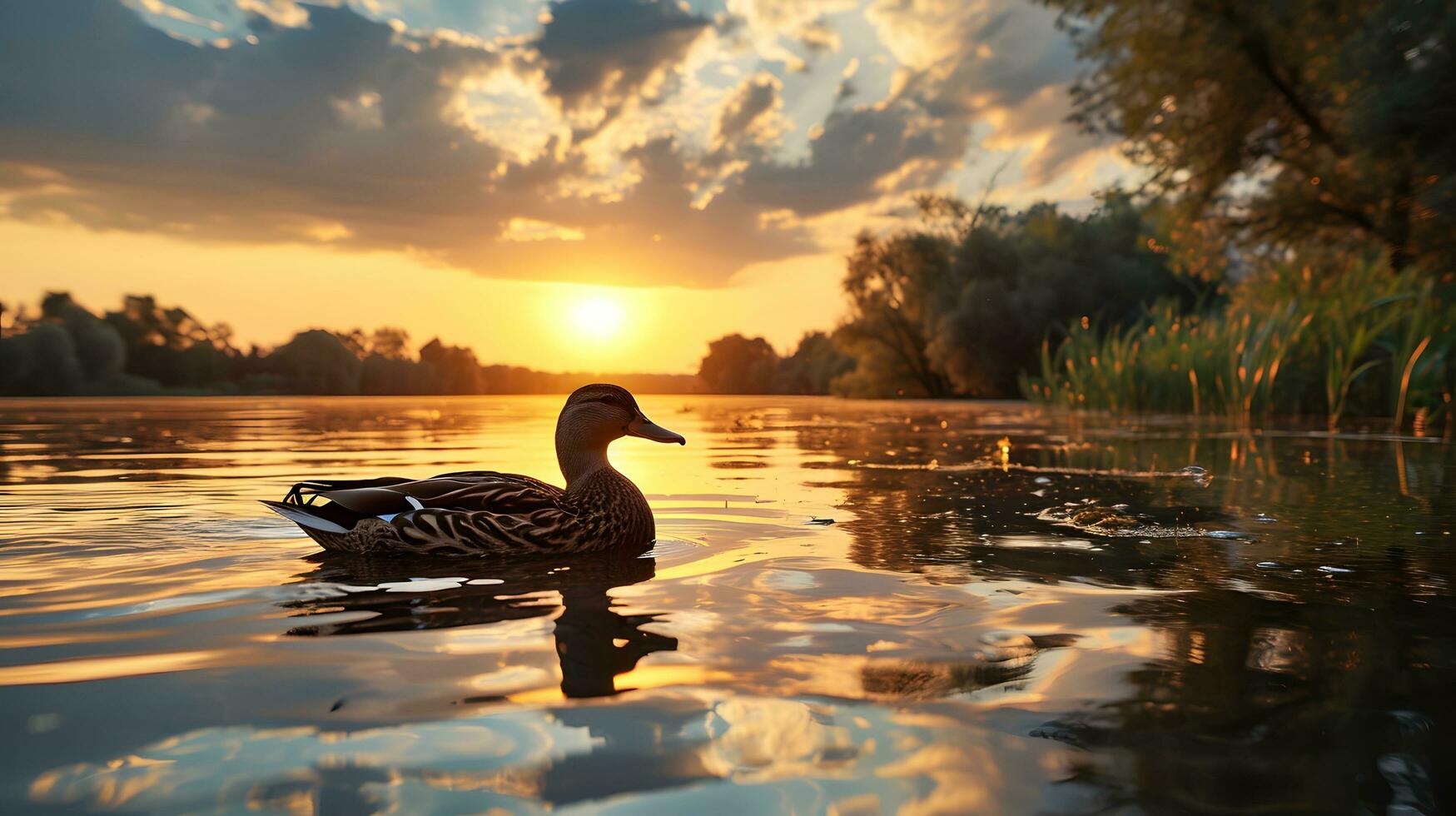 ai generiert ein friedlich Ente auf Ruhe See Wasser beim Dämmerung foto