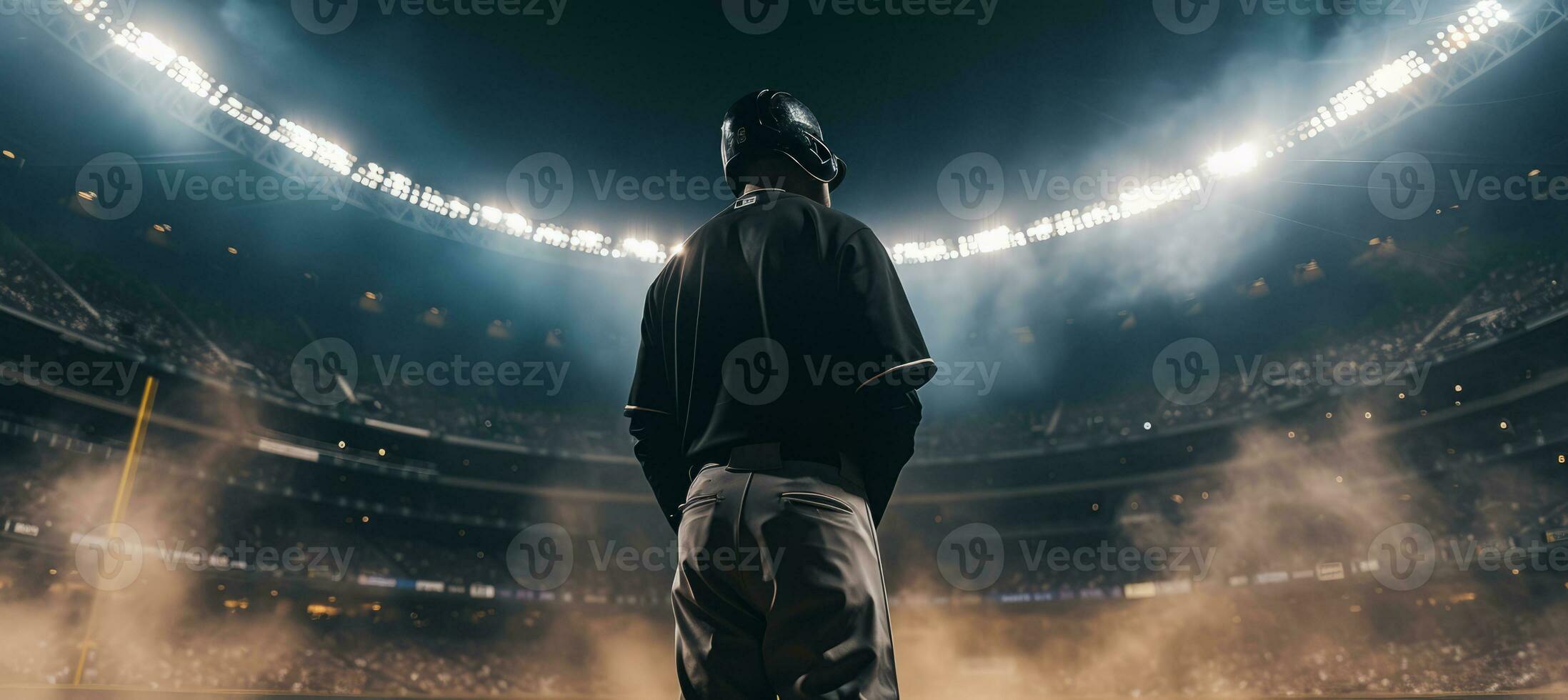 ai generiert schwarz Star Athlet Krug Stehen mit das Schläger im das Mitte von das voll Stadion foto
