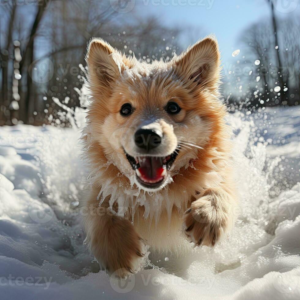 ai generiert Hund spielen Schnee foto