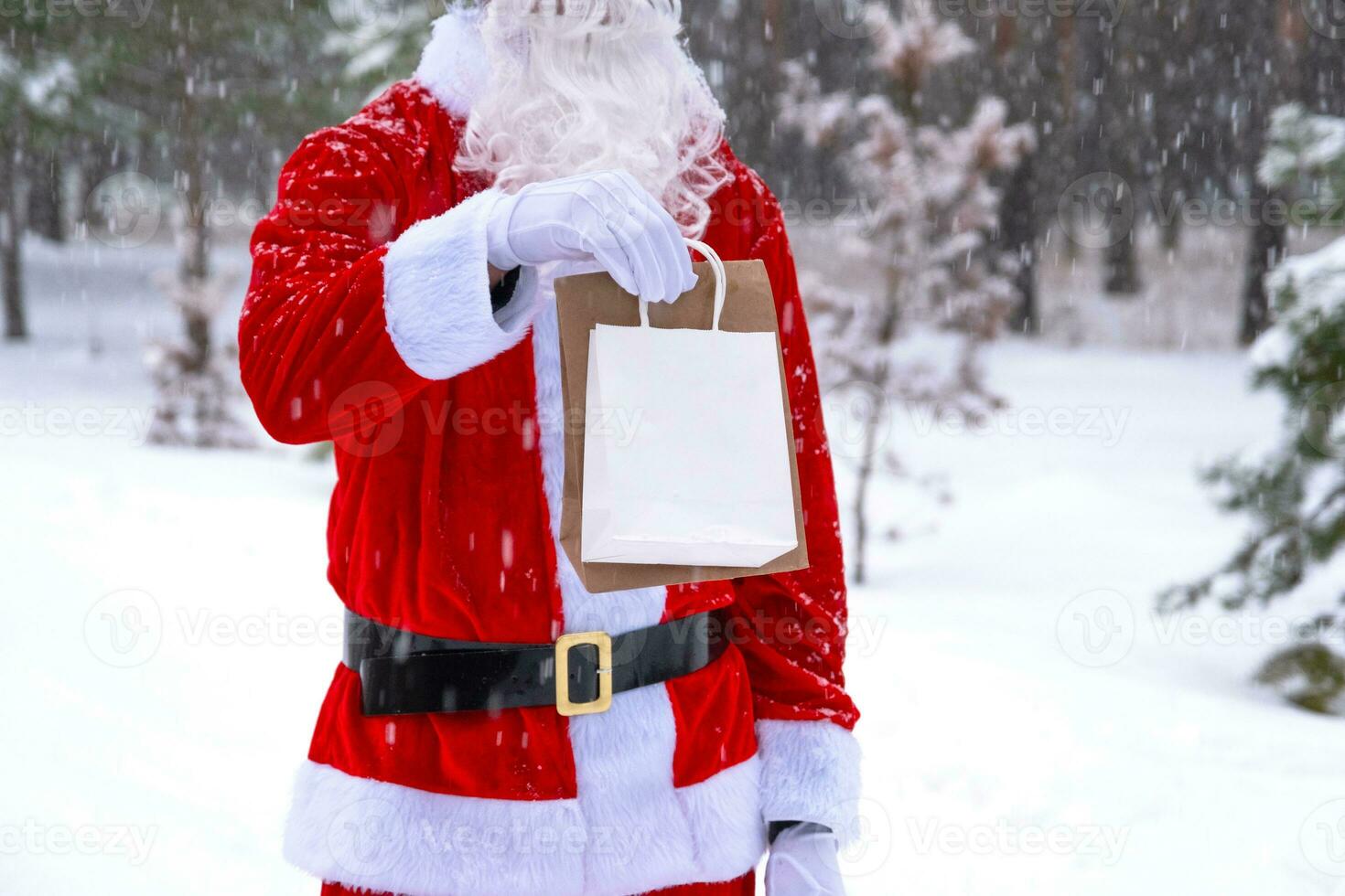 Santa claus draussen im Winter und Schnee Übergabe im Hand Öko Papier Taschen mit Kunst Geschenk, Essen Lieferung. Einkaufen, Verpackung Recycling, handgefertigt, Lieferung zum Weihnachten und Neu Jahr foto