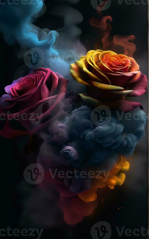 ai generiert drei Rosen mit Rauch und Farben foto