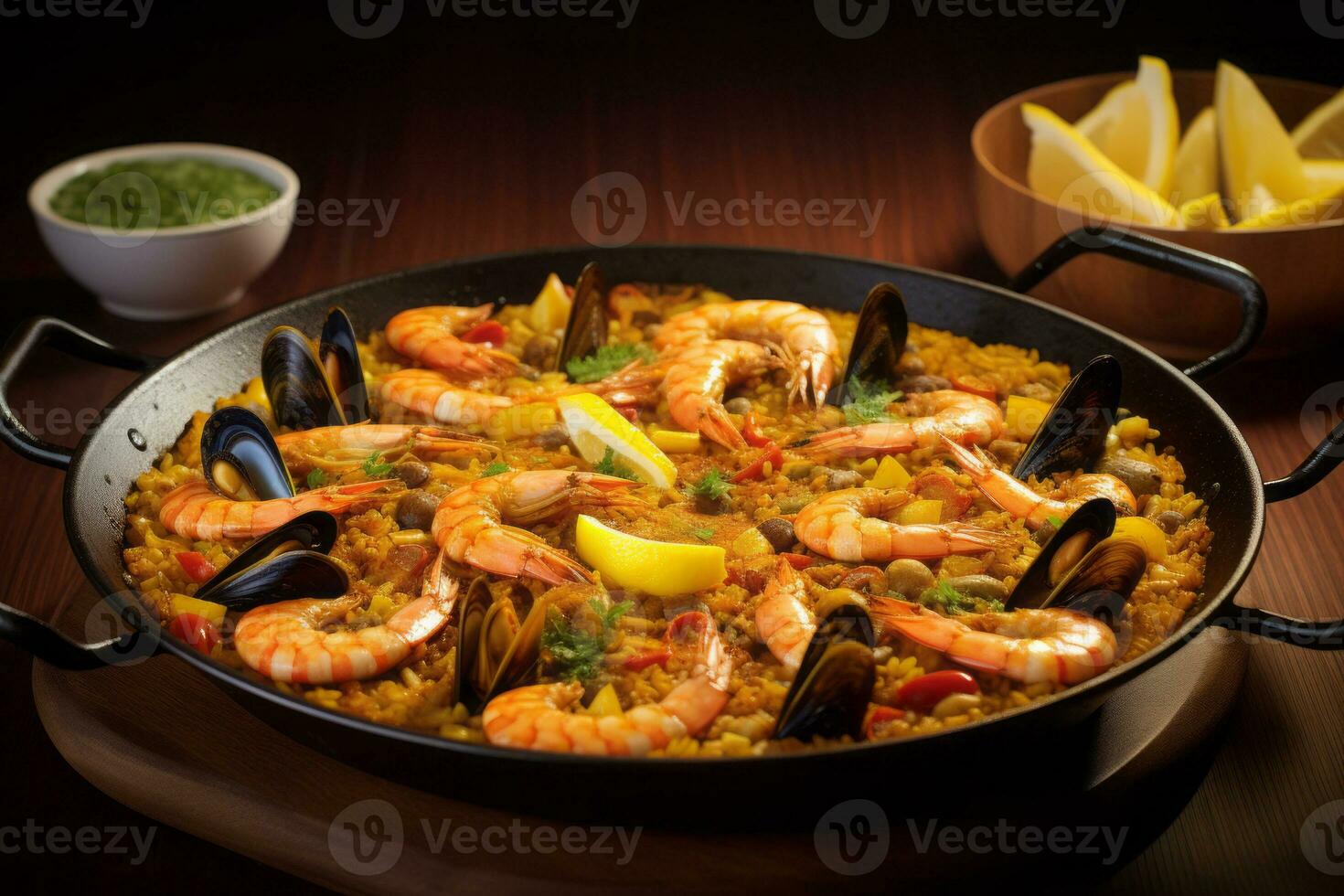 ai generiert Paella mit Meeresfrüchte, traditionell Spanisch Gericht auf dunkel hölzern Hintergrund foto