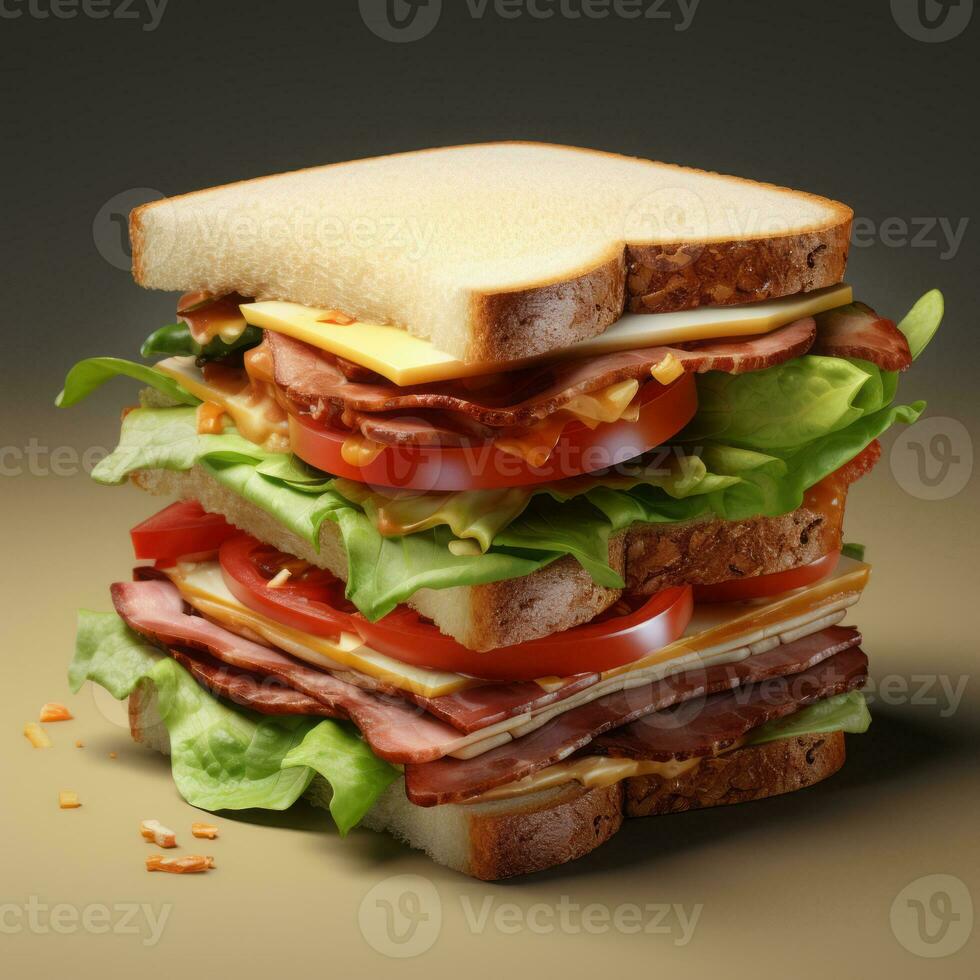 ai generiert Sandwich mit Schinken, Käse, Tomate und Grüner Salat auf braun Hintergrund foto