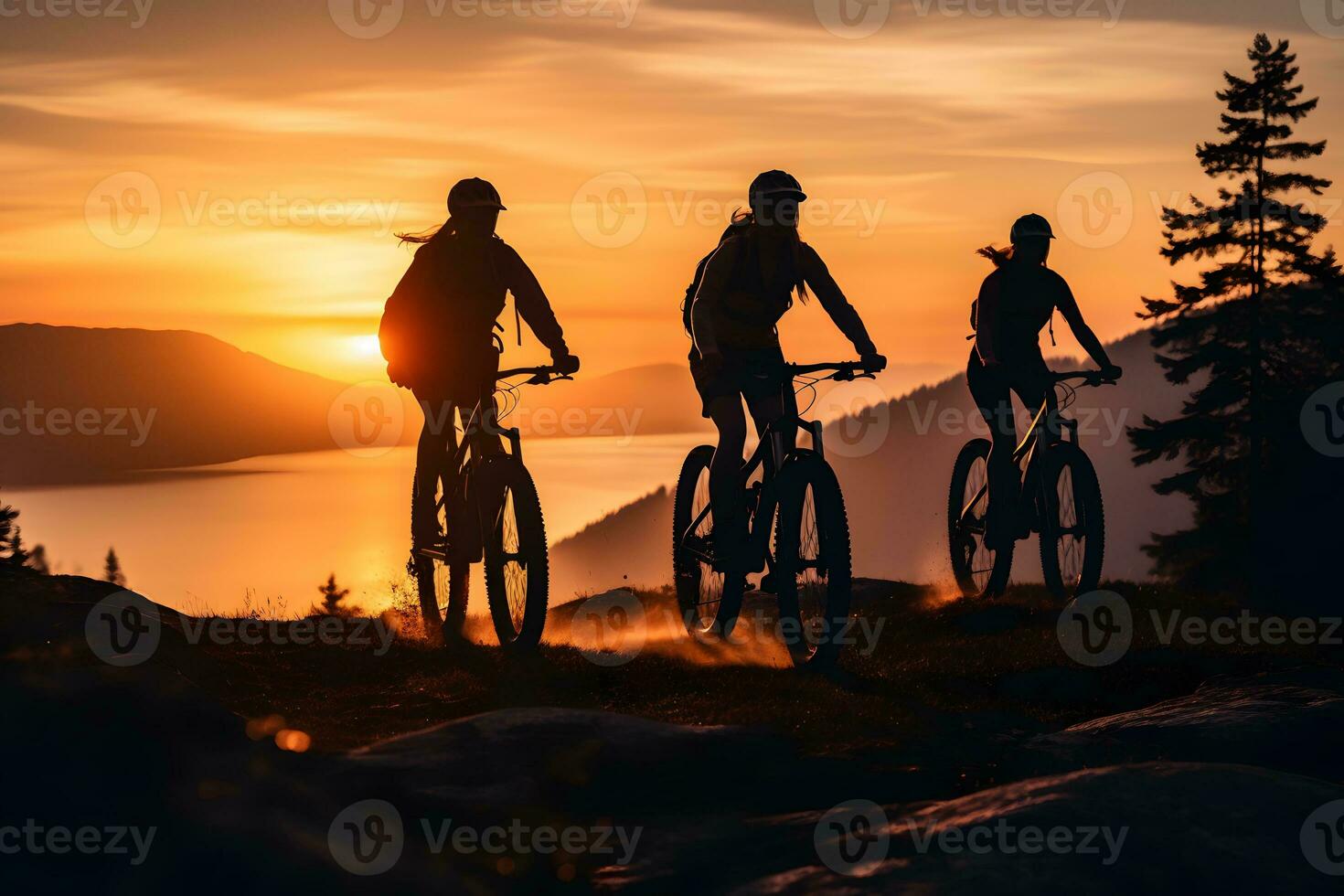 ai generiert Foto von Menschen Reiten Fahrräder im das Wald.