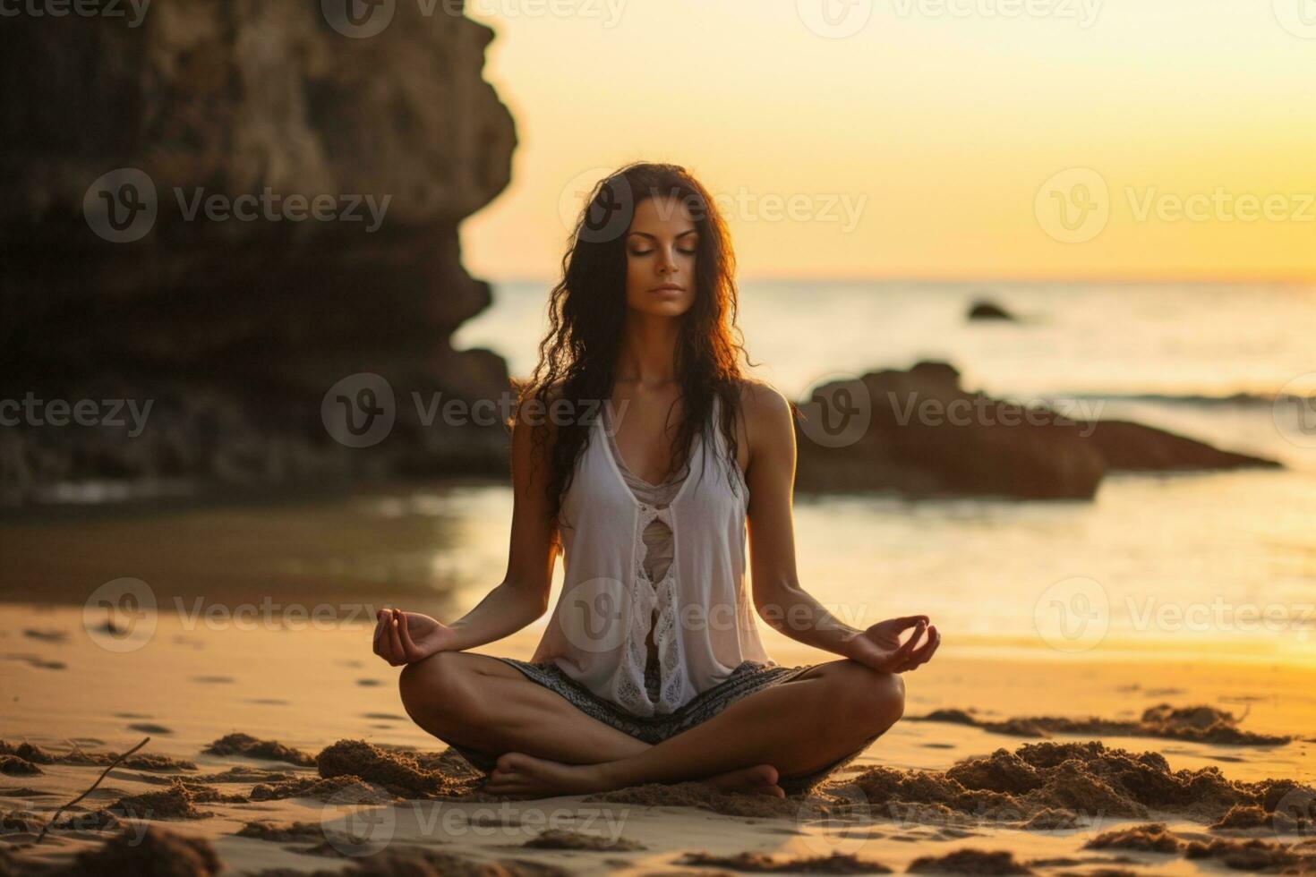 ai generiert Foto jung Frau Yoga auf das Strand.