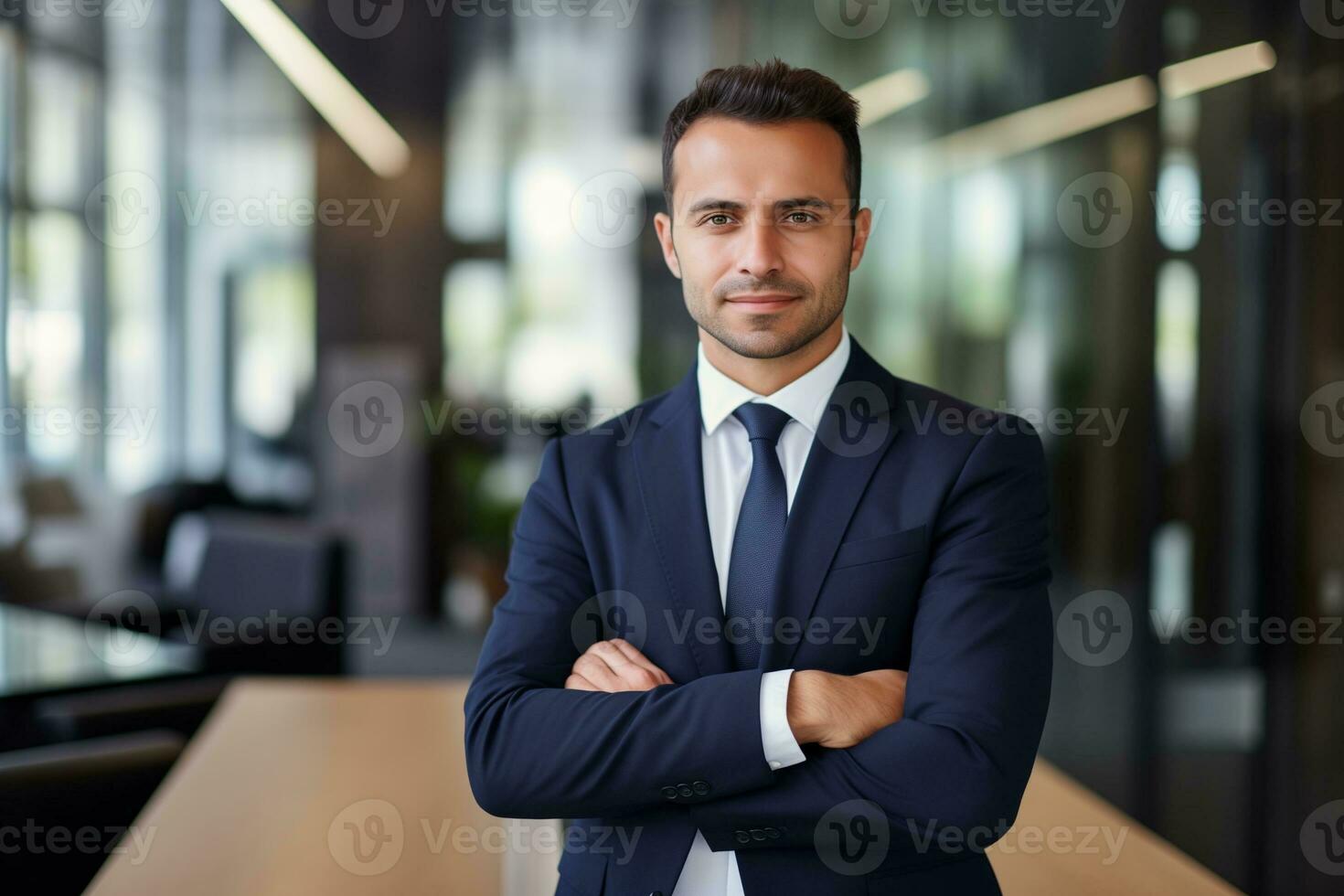 ai generiert Büro Arbeiter Porträt von lächelnd gut aussehend Geschäftsmann Boss im passen Stehen foto