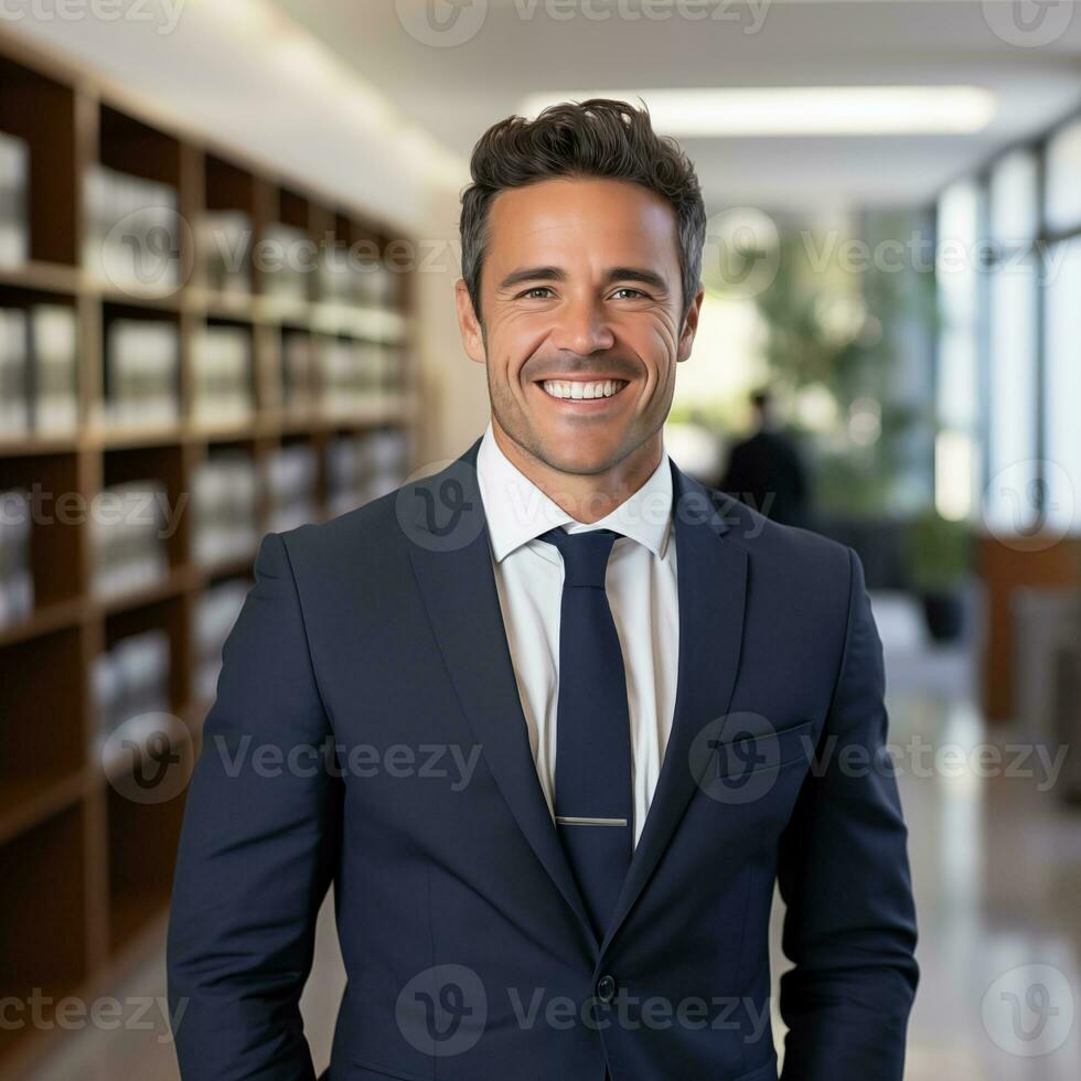 ai generiert Foto von gut aussehend glücklich Mann gegen ein Bibliothek Bücherregal Hintergrund. Rechtsanwalt, Manager, Geschäftsmann Konzept. erfolgreich Manin ein Anzug, Büro Arbeitsplatz