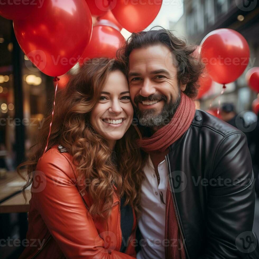 ai generiert schön Paar mit rot Luftballons. Paar feiern Valentinsgrüße Tag umgeben durch rot Luftballons. romantisch Feier zum Valentinstag Tag foto