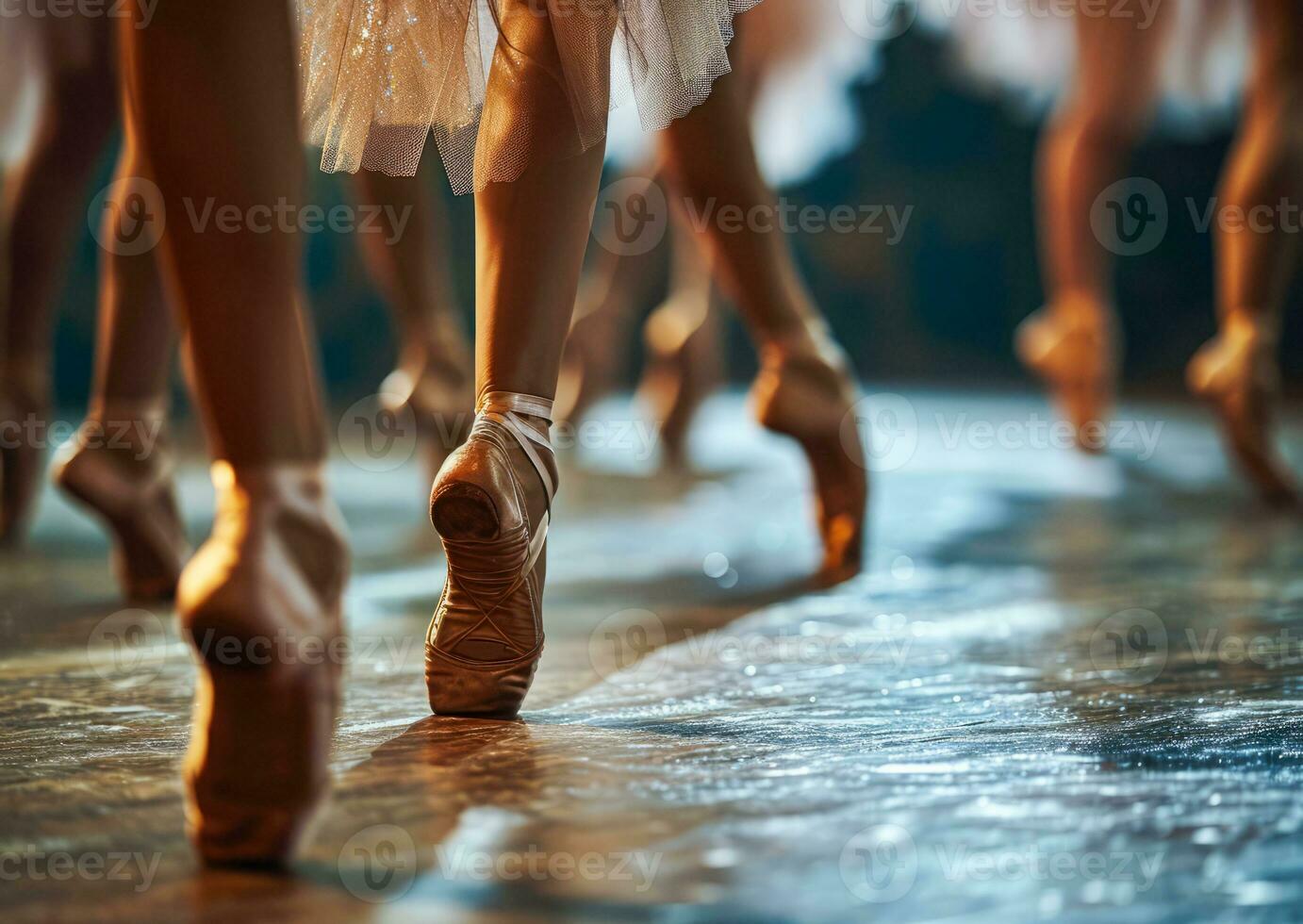 ai generiert Ballett Tänzer und Ballerinas durchführen Ballett trainieren im Kunst Studio und Stehen im pointe Schuhe foto