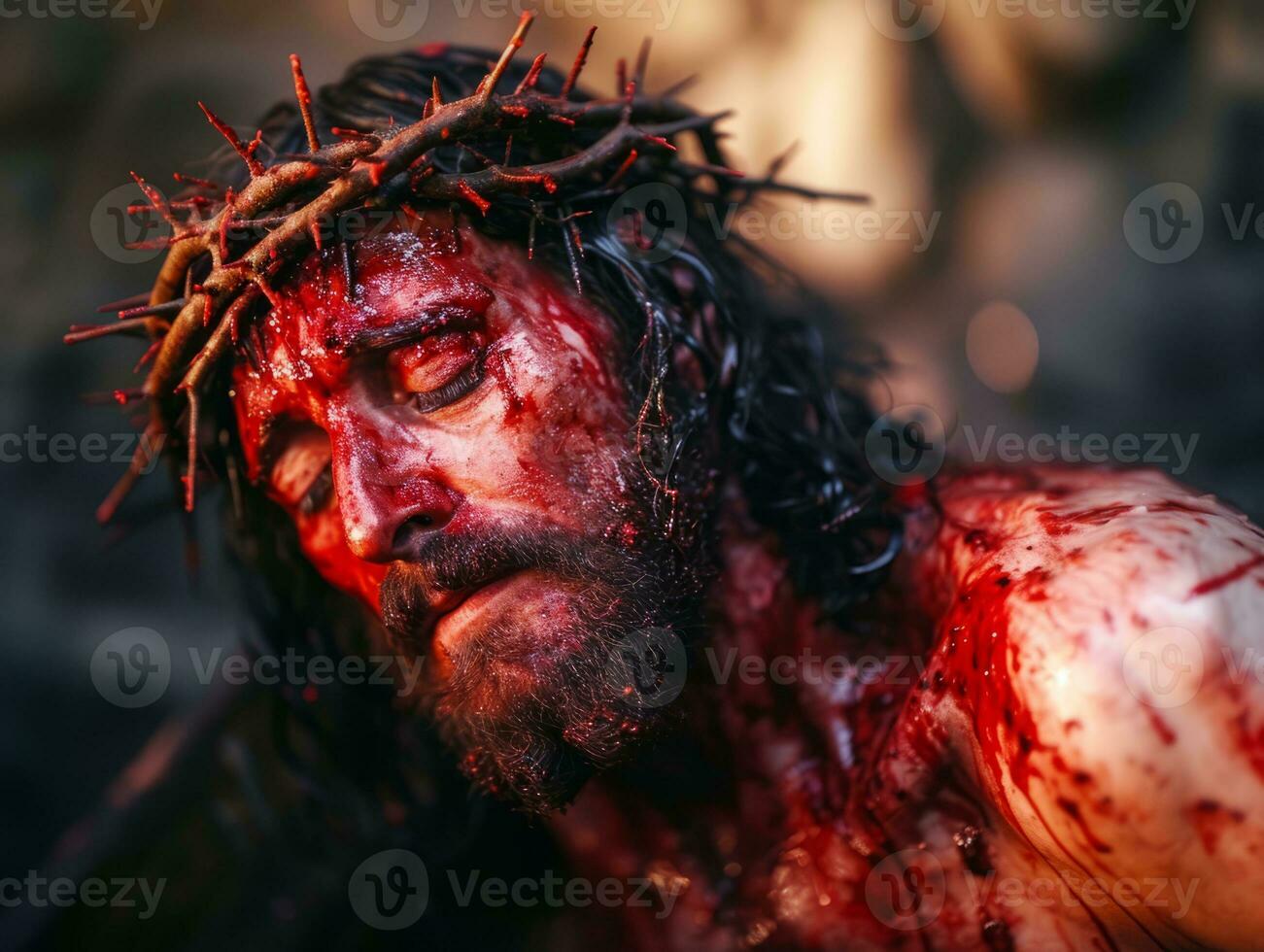 ai generiert Jesus Christus Leiden, blutig Körper genommen aus das Kreuz nach das Kreuzigung im jerusalem foto