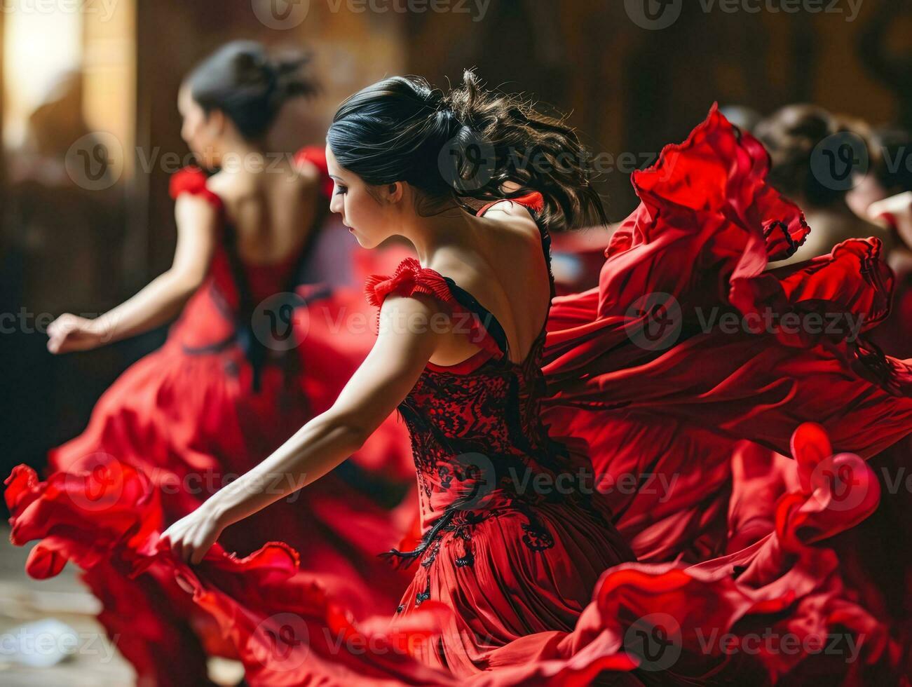 ai generiert leidenschaftlich Spanisch Zigeuner National Kultur tanzen Flamenco durchgeführt durch ein weiblich Tänzer foto