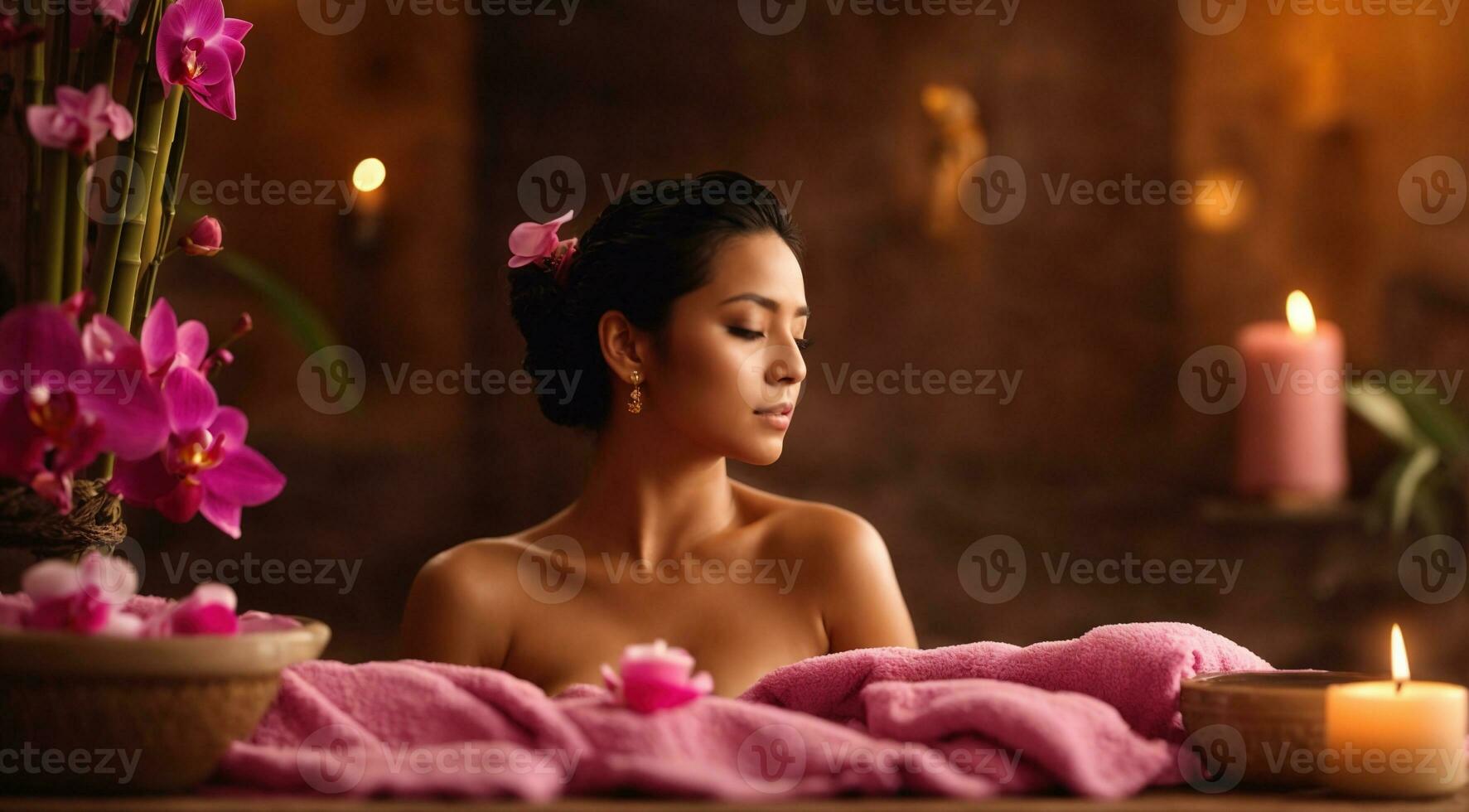 ai generiert schön Frau nehmen Aroma Bad mit Kerzen im ein luxuriös gehoben Wellness Spa foto