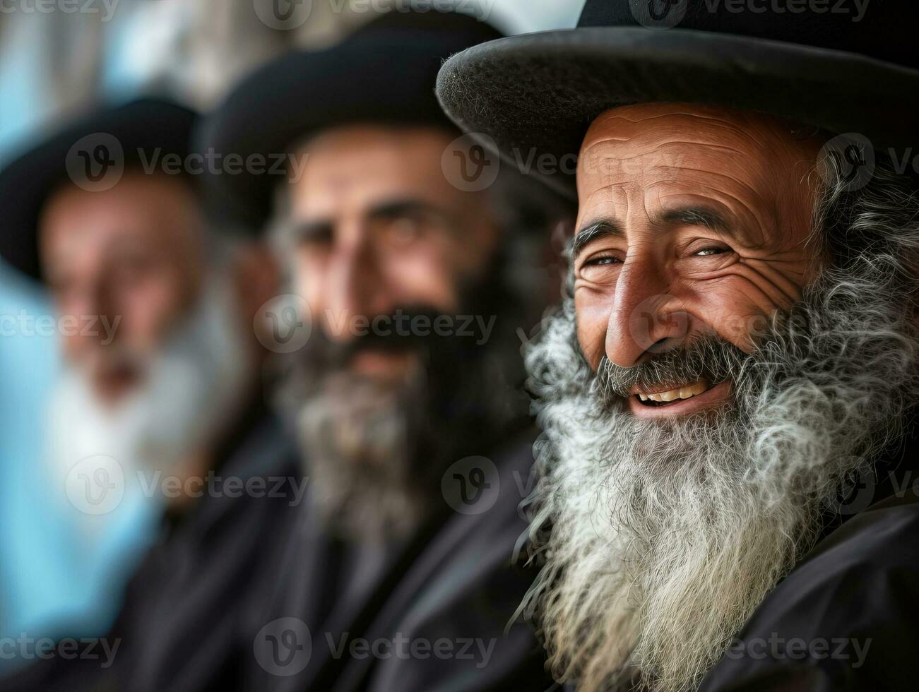 ai generiert lächelnd Juden jüdisch orthodox Männer gekleidet im schwarz Kleider und Hüte foto