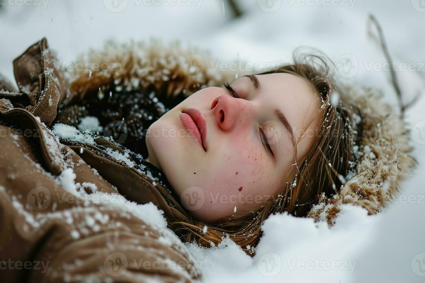 ai generiert jung Mädchen mit geschlossen Augen Lügen im das Schnee, ihr Gesicht friedlich. Schneeflocken schmücken ihr Haar und Winter Mantel. ihr Wangen sind rosig von das kalt. foto