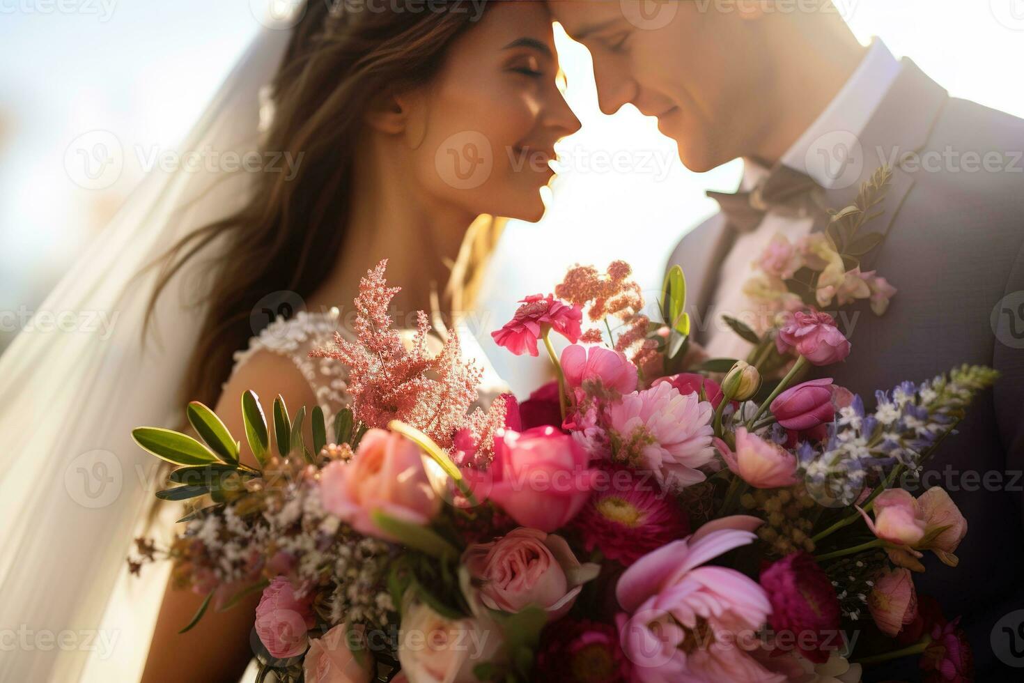 ai generiert ein Braut und Bräutigam eng halt ein schön Strauß, gefüllt mit Sanft Rosa und rot Blumen, gegen ein verträumt, sonnendurchflutet Hintergrund. foto