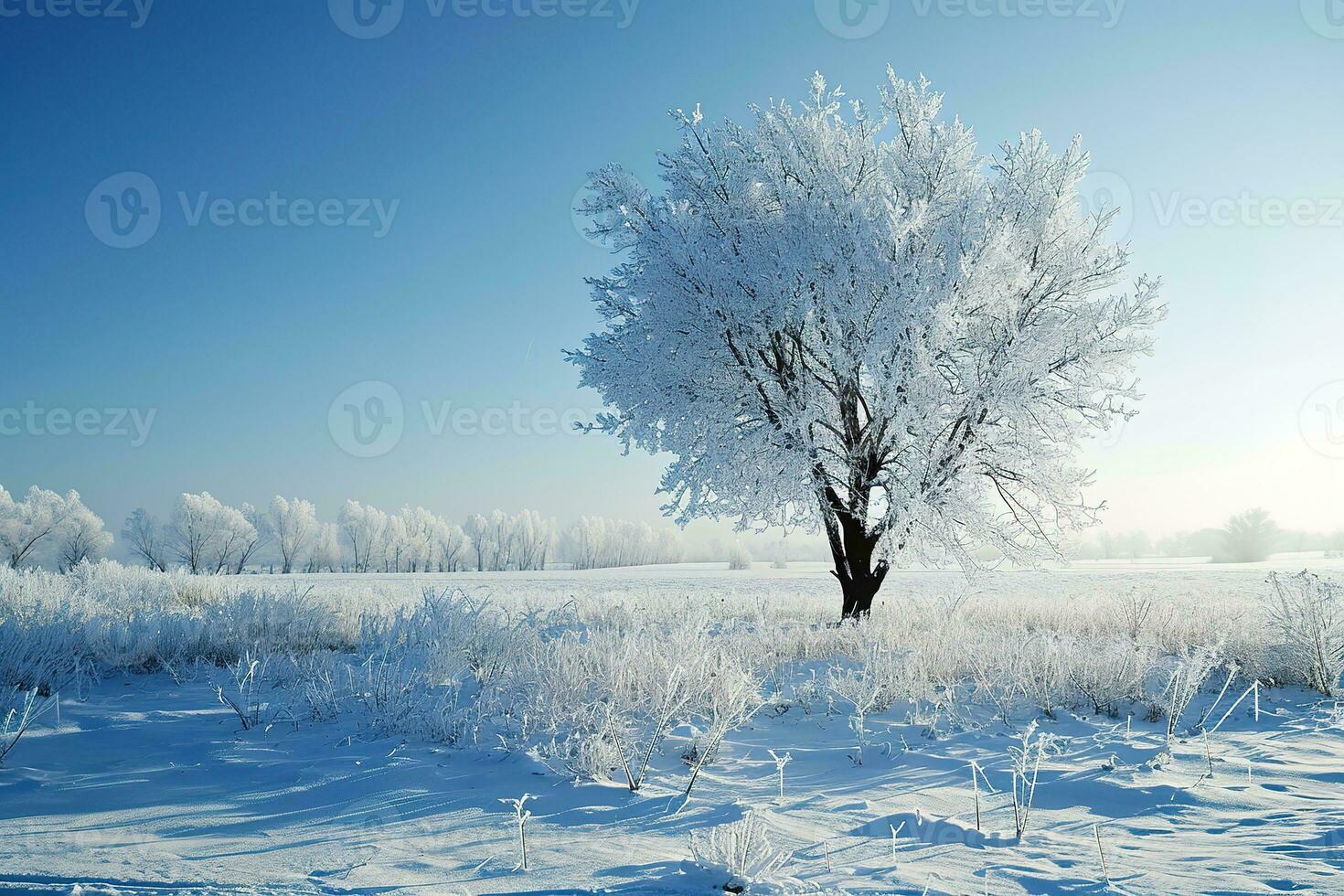 ai generiert einsam Baum steht bedeckt im Frost gegen ein hell Blau Himmel, umgeben durch ein makellos schneebedeckt Landschaft mit Fußabdrücke verstreut über das Vordergrund. foto