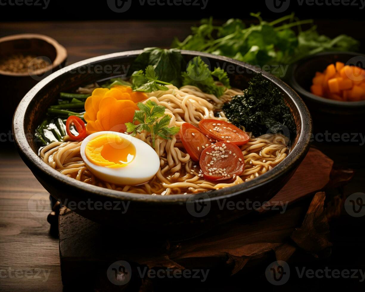 ai generiert japanisch Ramen mit Fleisch, Eier und Grün auf ein Platte. foto