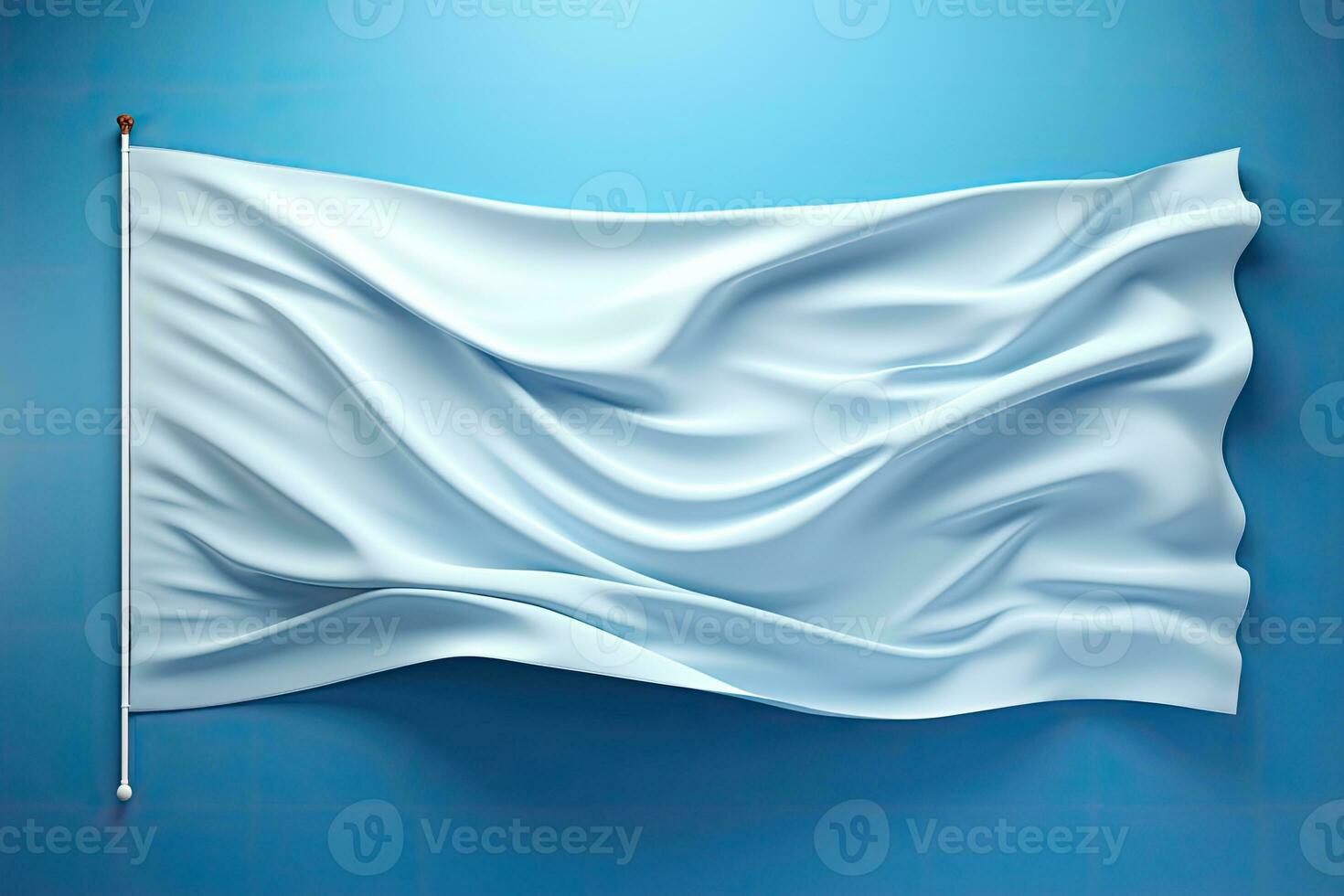 ai generiert leer Weiß Flagge Attrappe, Lehrmodell, Simulation auf Blau Hintergrund foto