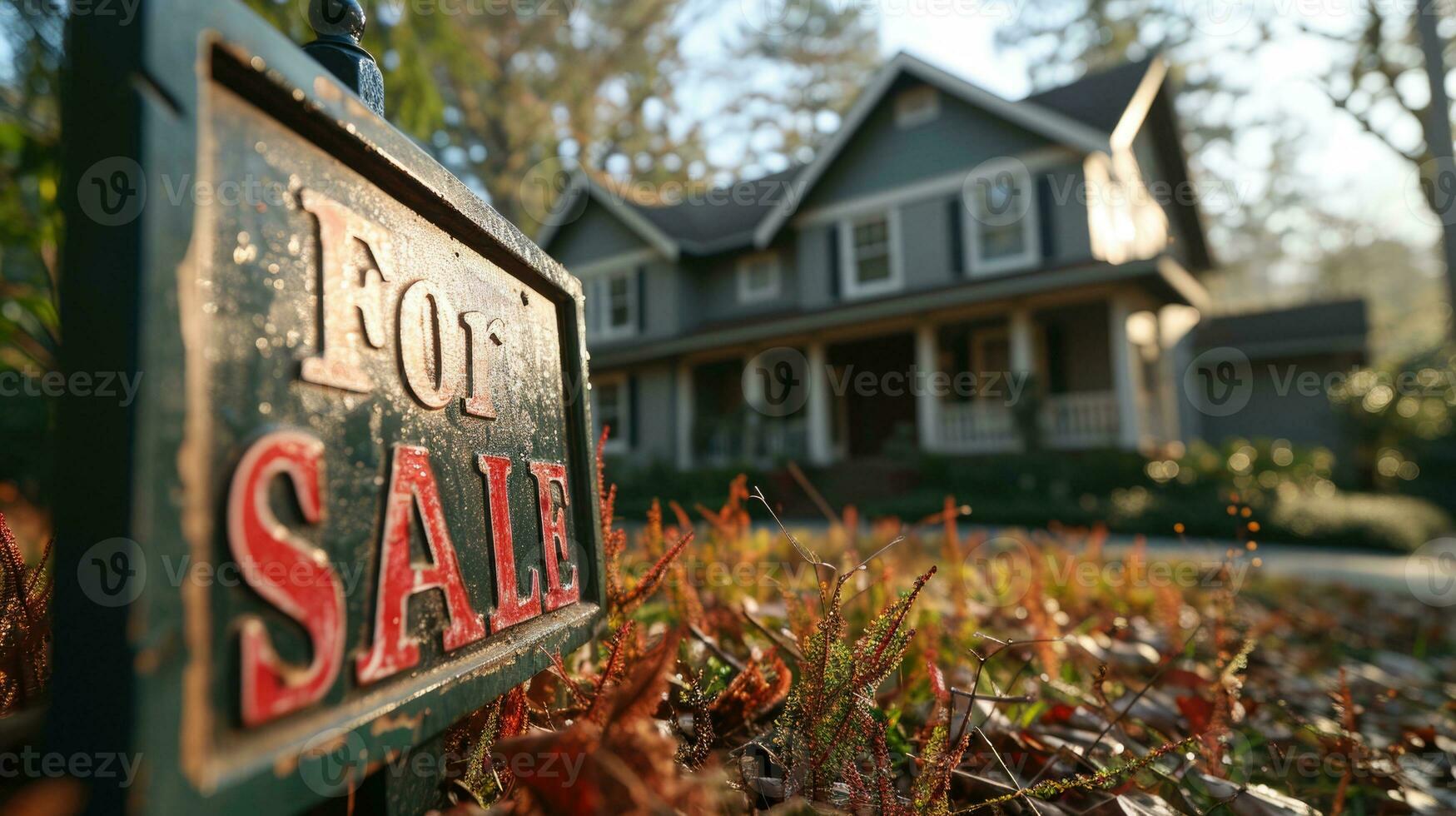 ai generiert Zuhause zum Verkauf Zeichen im Vorderseite von Haus foto