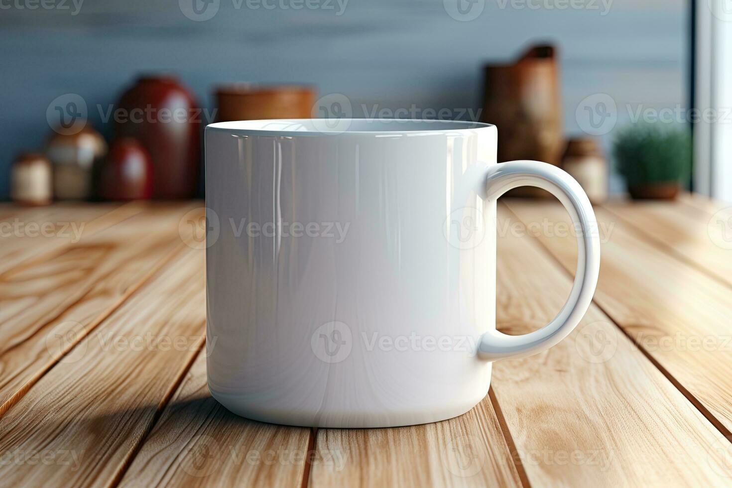 ai generiert Weiß Keramik Kaffee Becher Attrappe, Lehrmodell, Simulation auf hölzern Tabelle foto