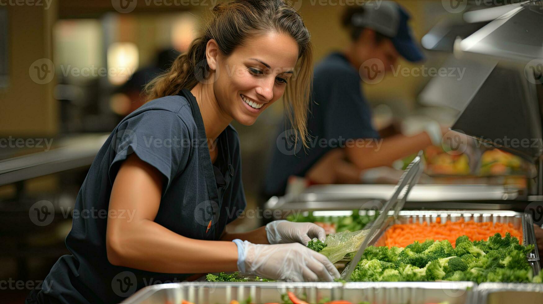 ai generiert lächelnd Essen Vorbereitung Arbeiter arrangieren Gemüse foto