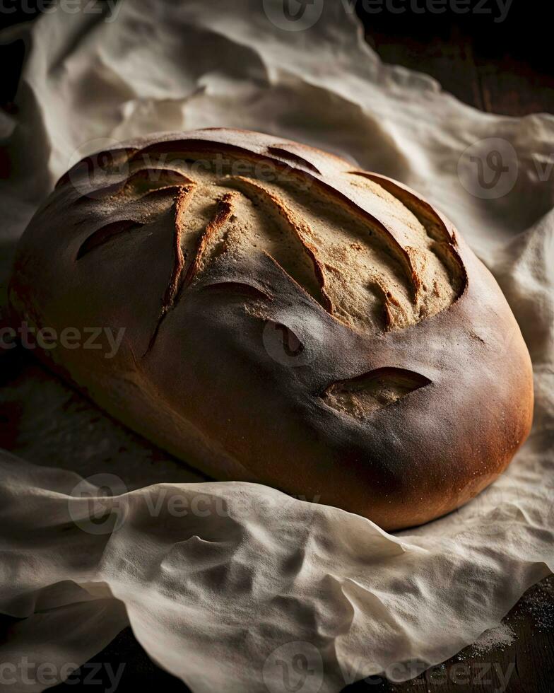ai generiert rustikal Sauerteig Brot im niedrig Licht foto