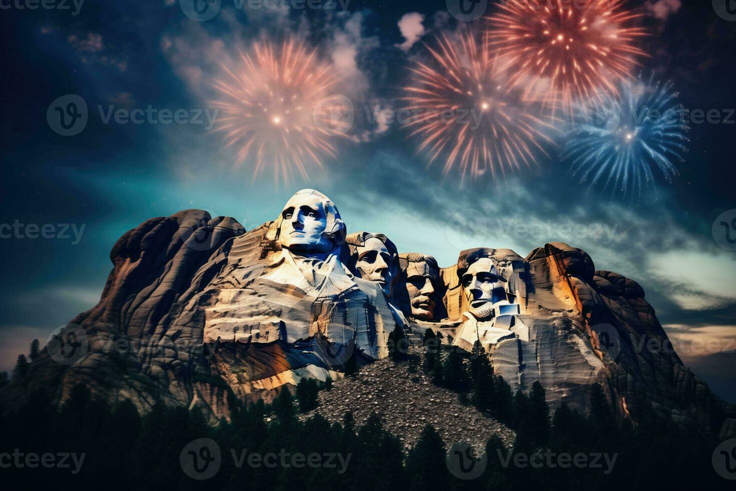 ai generiert montieren Rushmore mit Feuerwerk Feier foto