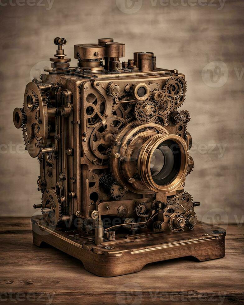 ai generiert Steampunk mechanisch Kamera auf hölzern Tabelle foto