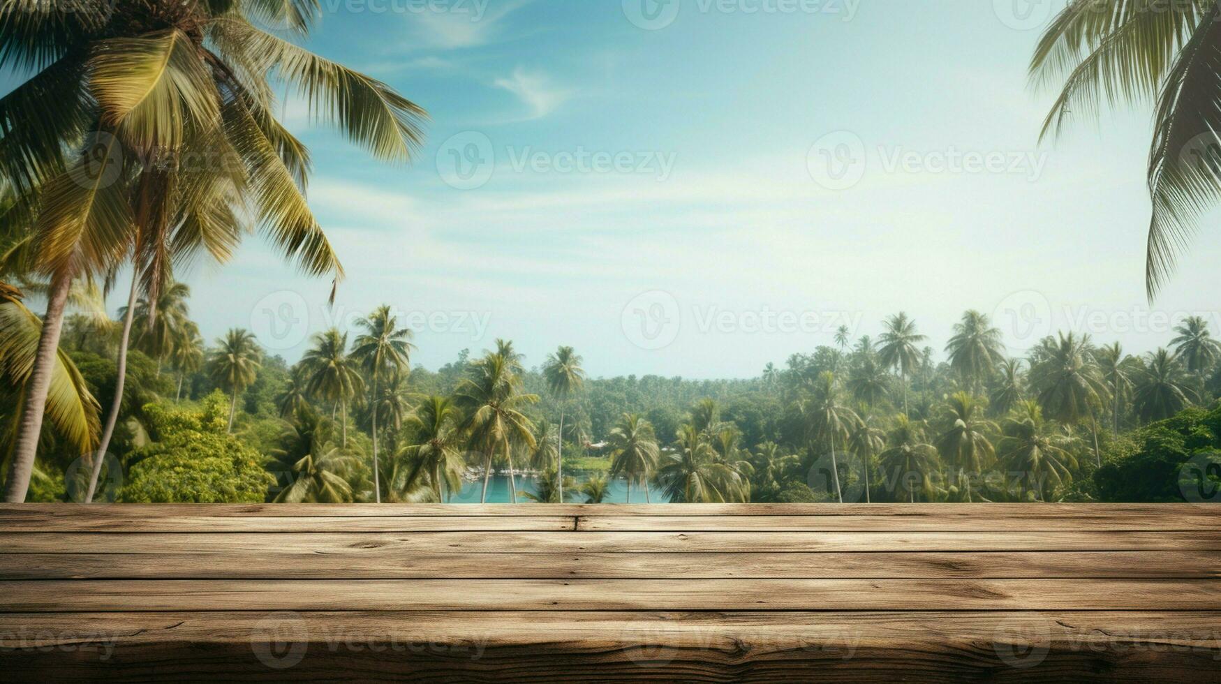 ai generiert ein hölzern Plattform mit Blick auf schön Strand und Meer Landschaft, heiter Sicht, Attrappe, Lehrmodell, Simulation mit Kopieren Raum foto