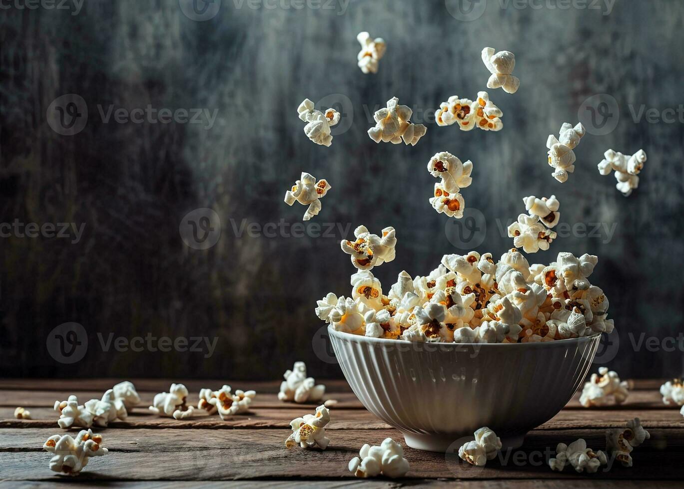 ai generiert Popcorn fallen von Schüssel auf hölzern Tabelle foto
