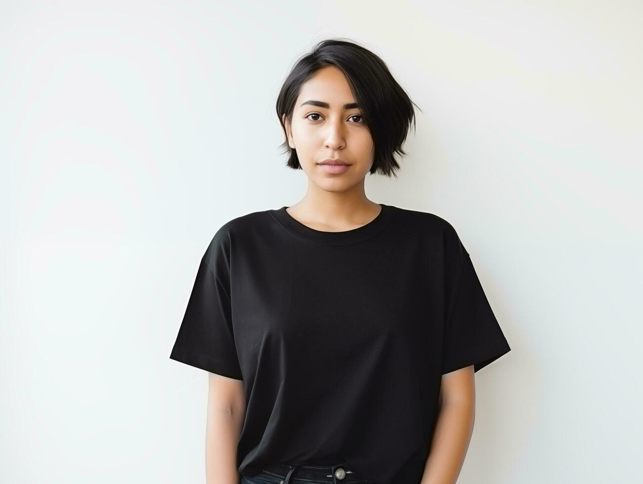 ai generiert attraktiv jung Frau tragen leer leeren Übergröße schwarz T-Shirt Attrappe, Lehrmodell, Simulation zum Design Vorlage foto