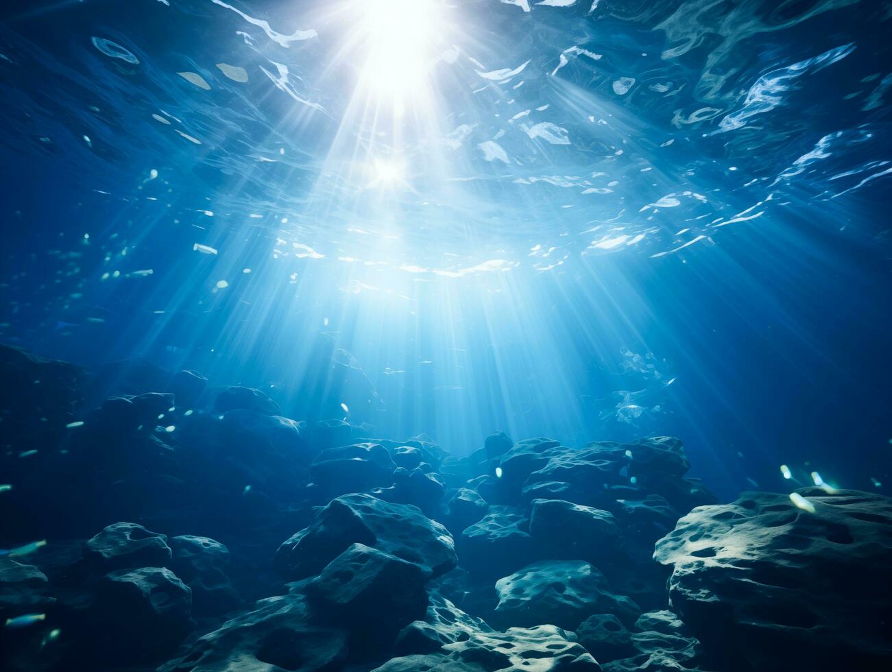 ai generiert unter Wasser Ozean Blau Abgrund Tauchen Szene mit natürlich Meer Leben und Sonnenlicht foto