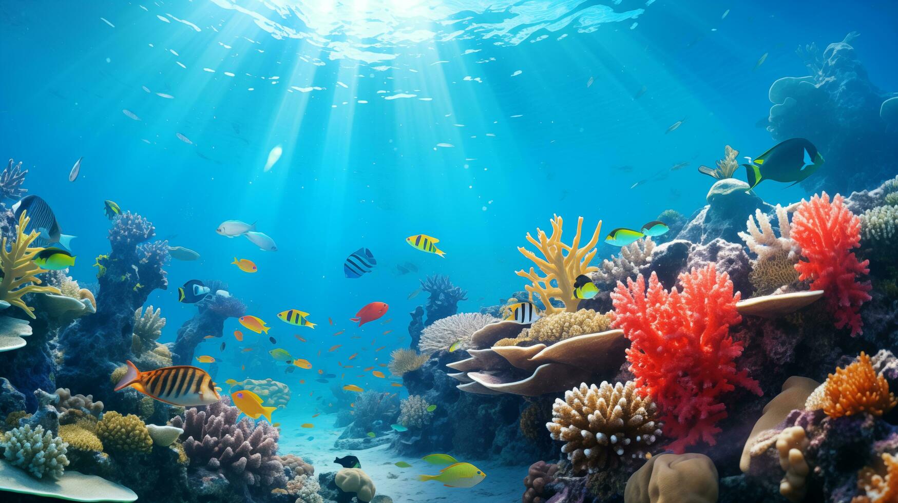 ai generiert unter Wasser Tauchen Szene mit natürlich Meer Leben im das Riff foto