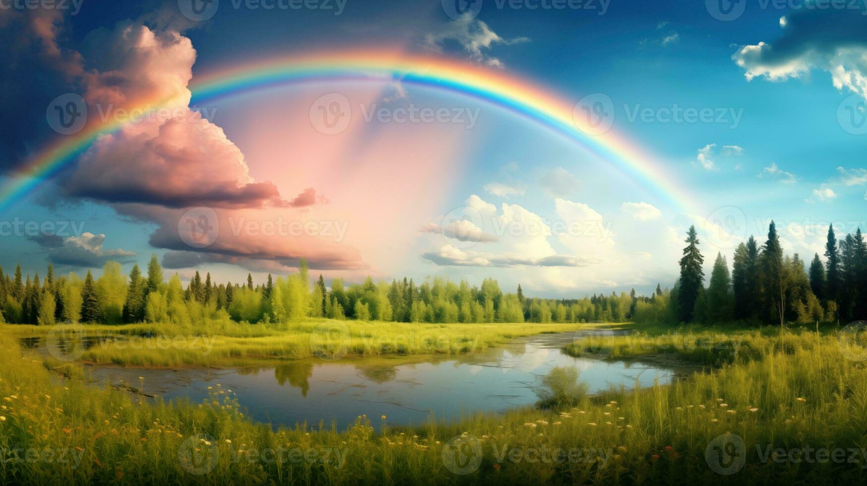 ai generiert ein friedlich Landschaft Wiese Feld mit Regenbogen im das Himmel foto