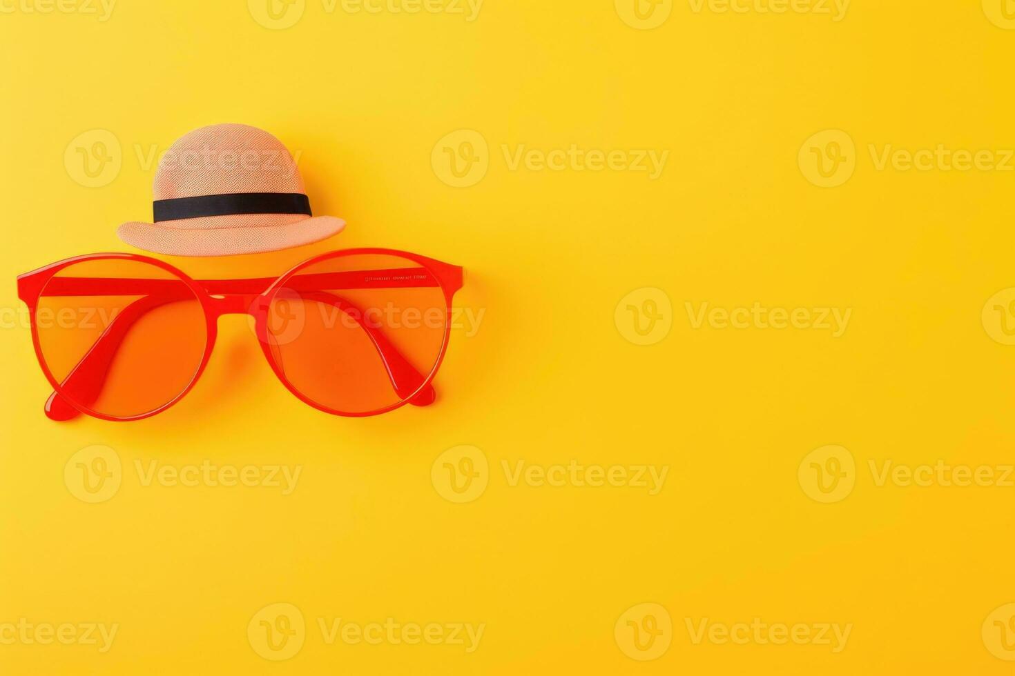 ai generiert ein hell Orange Sommer- Banner, rot Sonnenbrille und ein Hut mit ein Rand, ein Platz zum Text foto