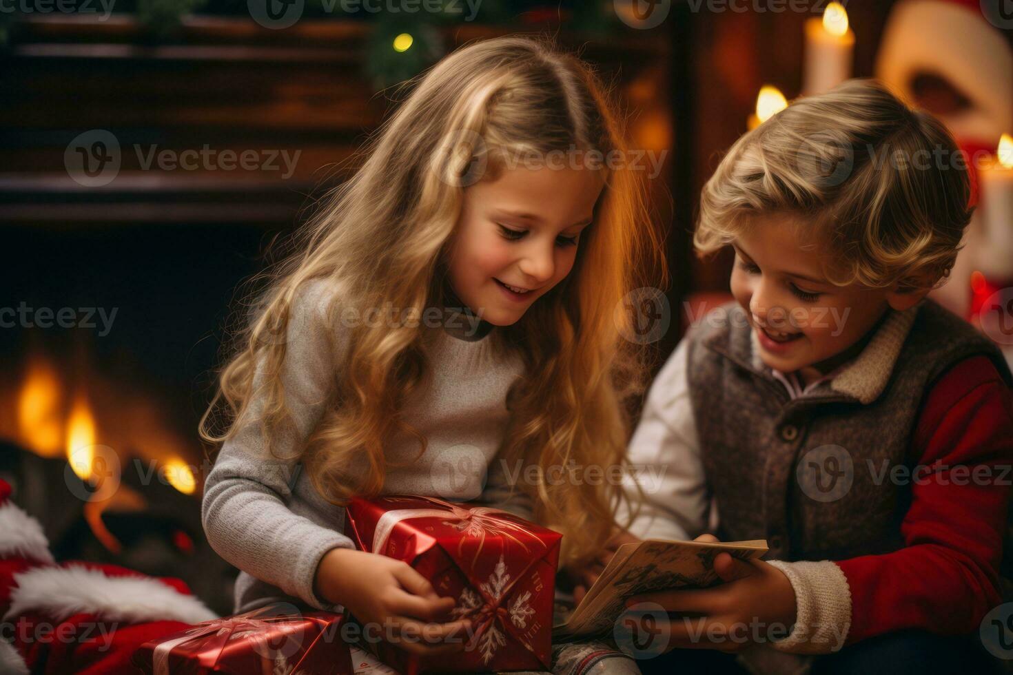 ai generiert ein Kinder aufgeregt Öffnung Geschenke auf Heilige Nikolaus Tag, traditionell europäisch Leben Zimmer Einstellung, Strümpfe hing durch das Kamin, Erfassen das Freude und Erwartung foto