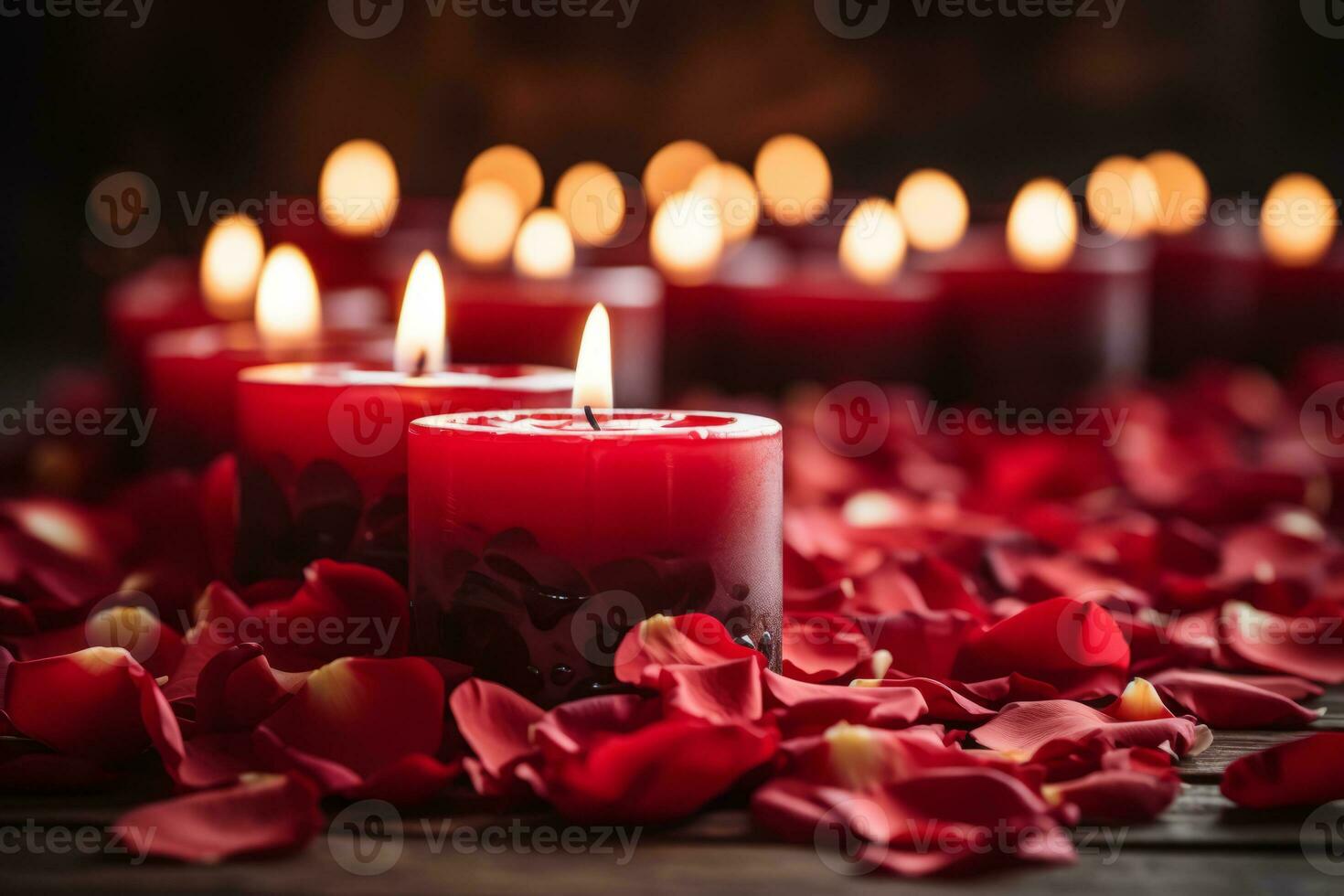 ai generiert ein Weg von rot Rose Blütenblätter führen zu ein Gruppe von zündete Kerzen. das Kerzen sind einstellen gegen ein dunkel, Weicher Fokus Hintergrund, Erstellen ein romantisch und gemütlich Atmosphäre foto