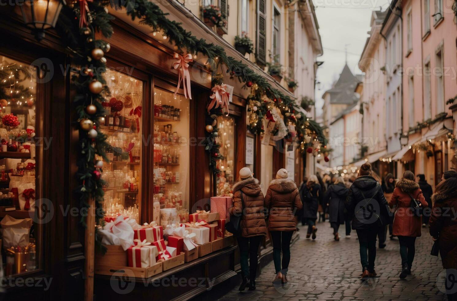 ai generiert ein urig europäisch Straße auf Heilige Nikolaus Tag, geschmückt mit festlich Dekorationen und Beleuchtung, Käufer Tragen Taschen von Geschenke foto